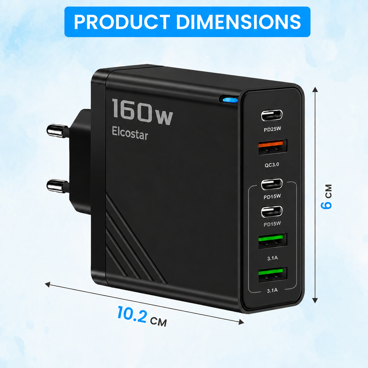 Chargeur noir Elcostar 160W avec plusieurs ports USB, 10,2 cm de long et 6 cm de haut.