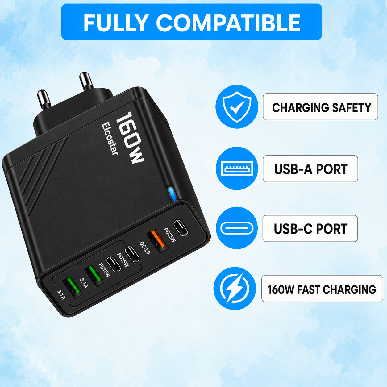 Chargeur noir 160W avec plusieurs ports USB-A et USB-C sur fond bleu.