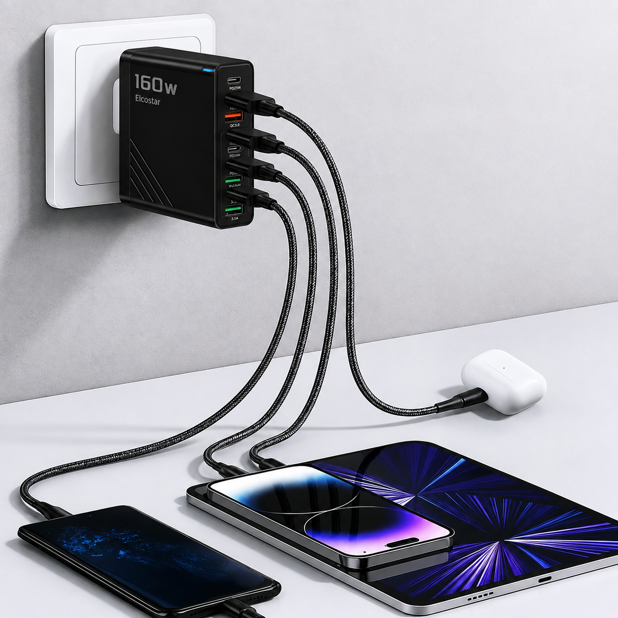 Un chargeur USB noir de 160W branché au mur charge un téléphone, une tablette et des écouteurs.