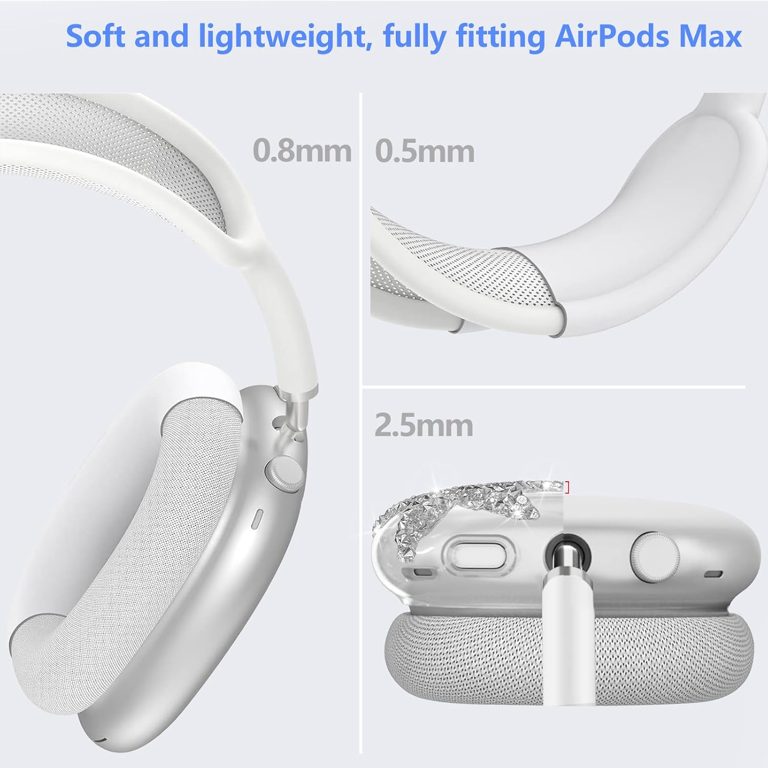 Weiche und leichte AirPods Max Abdeckungen mit Maßangaben von 0,8mm, 0,5mm und 2,5mm.