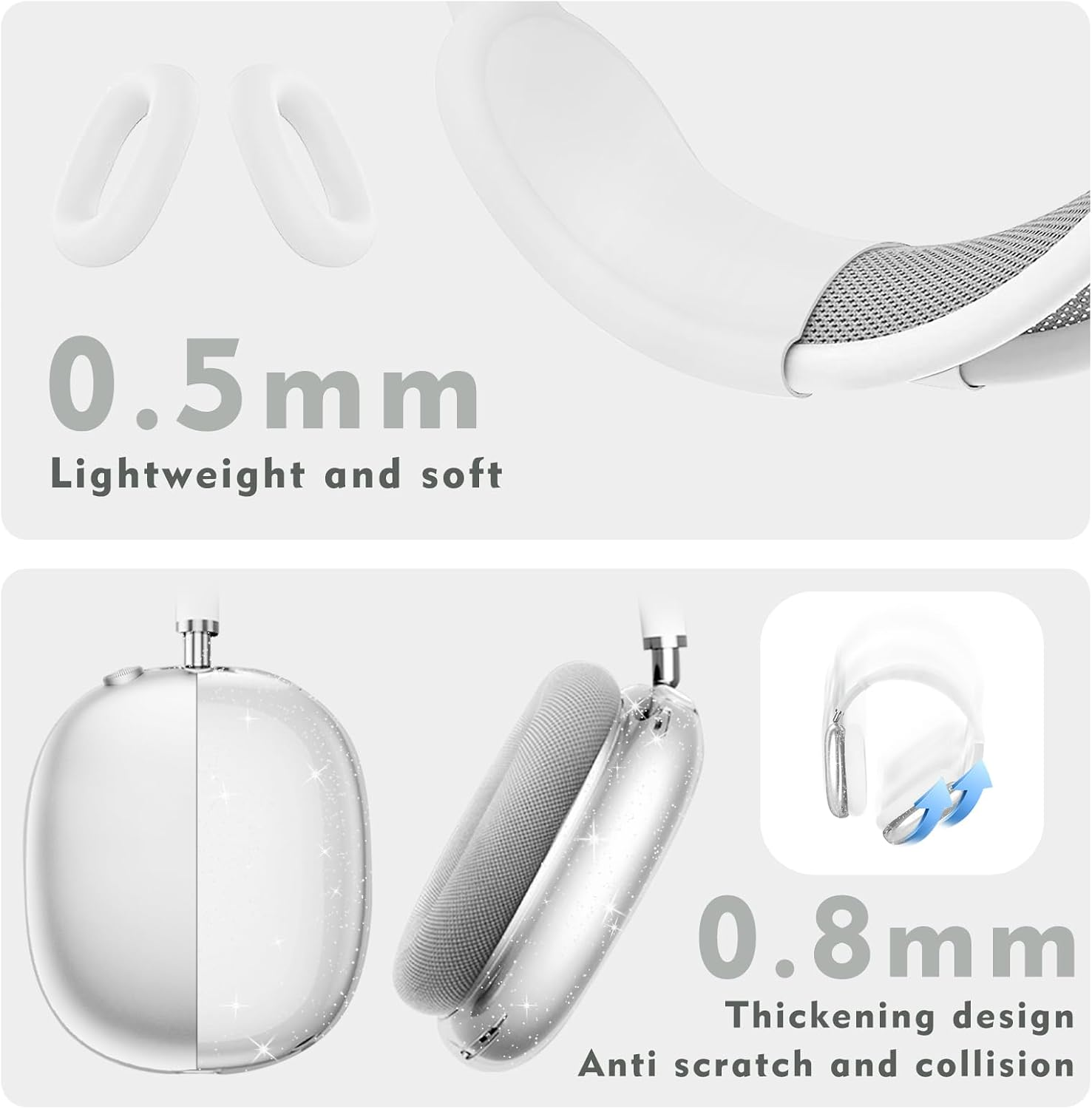Produktanzeige transparenter Kopfhörerhüllen mit 0,5 mm und 0,8 mm Dicke, die weiche und schützende Eigenschaften hervorheben.