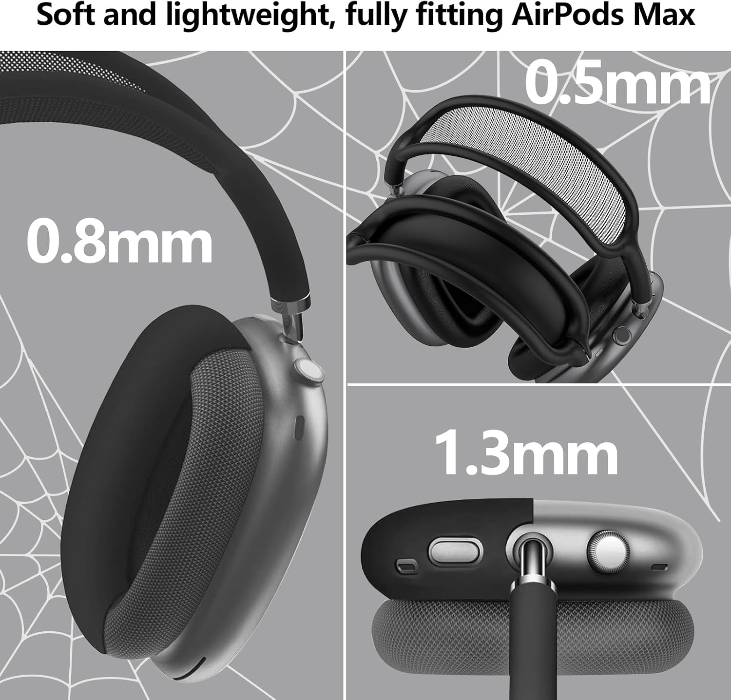 Drei Nahaufnahmen von Apple AirPods Max Kopfhörern mit verschiedenen Dickenangaben in Millimetern auf grauem Spinnennetz-Hintergrund.