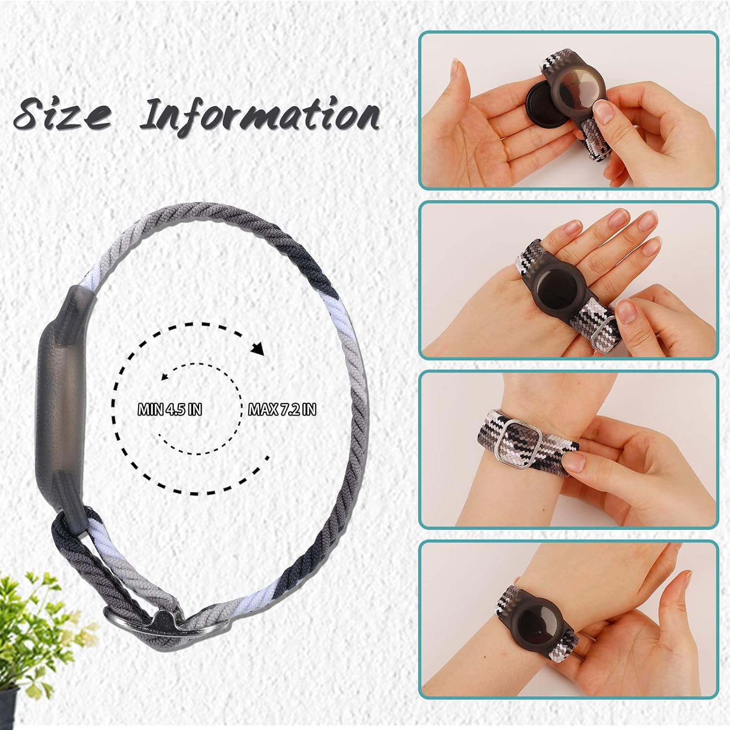 Größeninformationen für ein geflochtenes Armband mit AirTag-Halterung, das min. 4,5 Zoll und max. 7,2 Zoll misst.