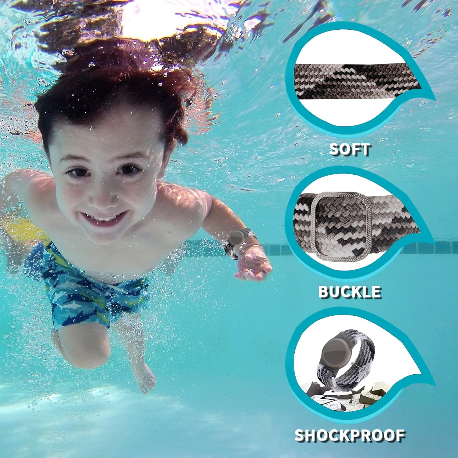 Kind schwimmt im Pool, rechts drei runde Ausschnitte mit Armbanddetails: weich, Schnalle und stoßfest.