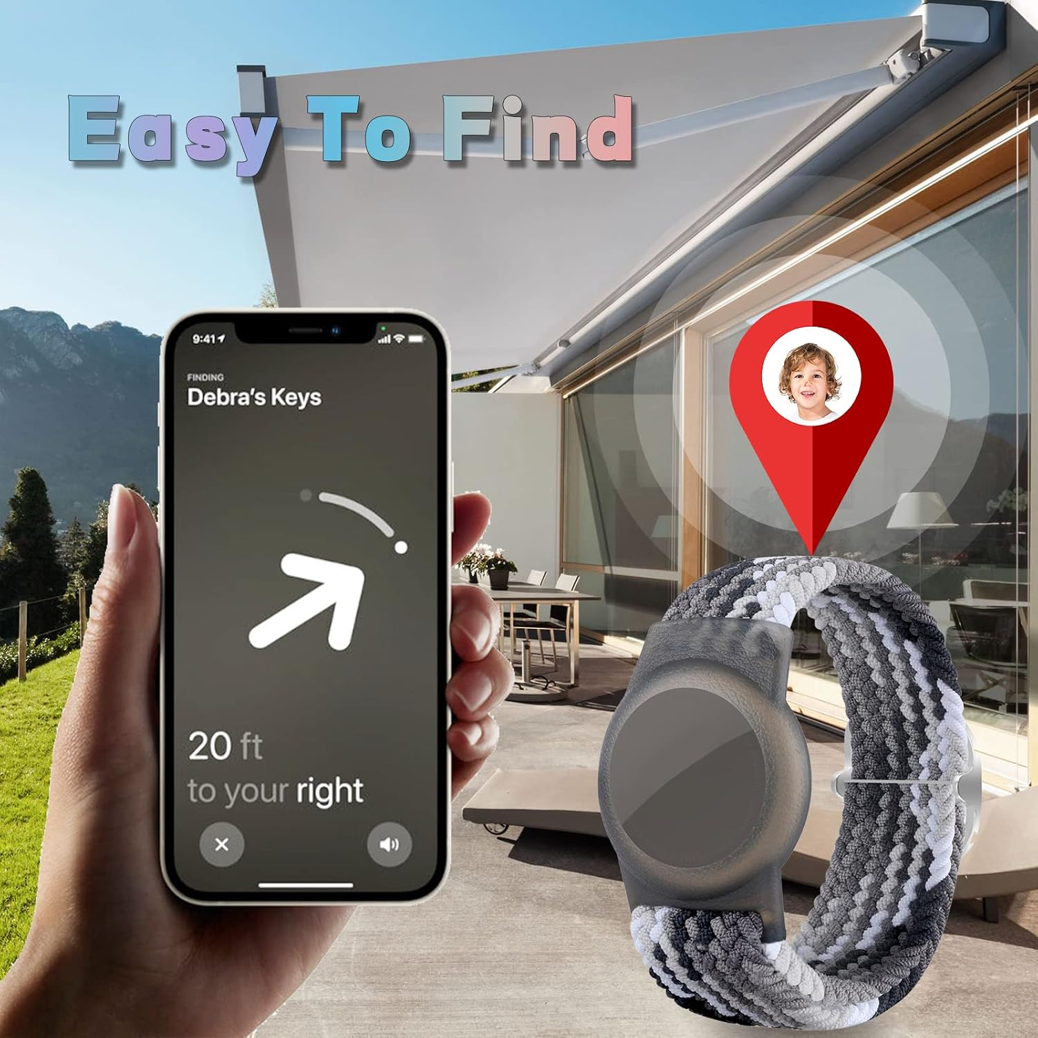 Hand hält Smartphone mit Ortungs-App für Schlüssel; rechts ein Armband mit Kind-Symbol und Text.