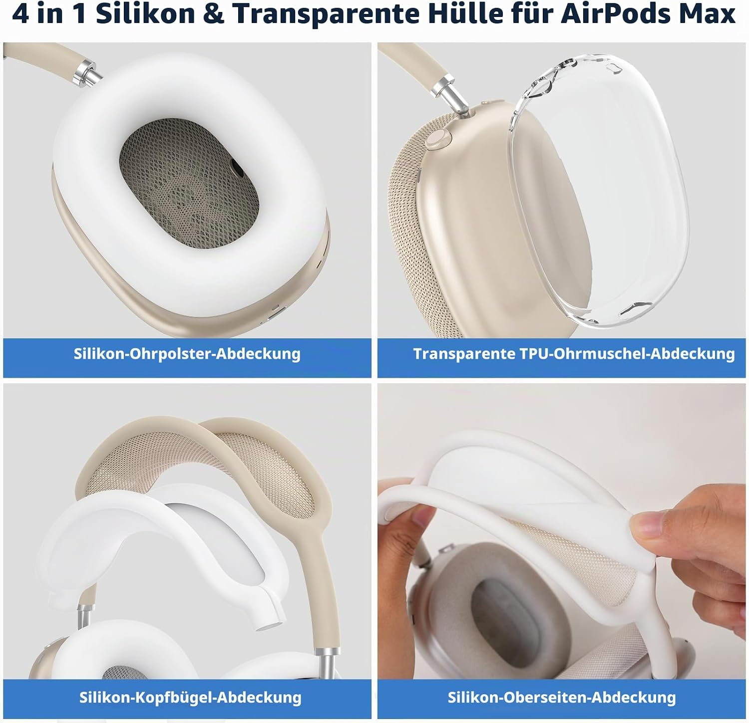 Vier Bilder zeigen Silikon- und transparente Schutzhüllen für AirPods Max Kopfhörer.
