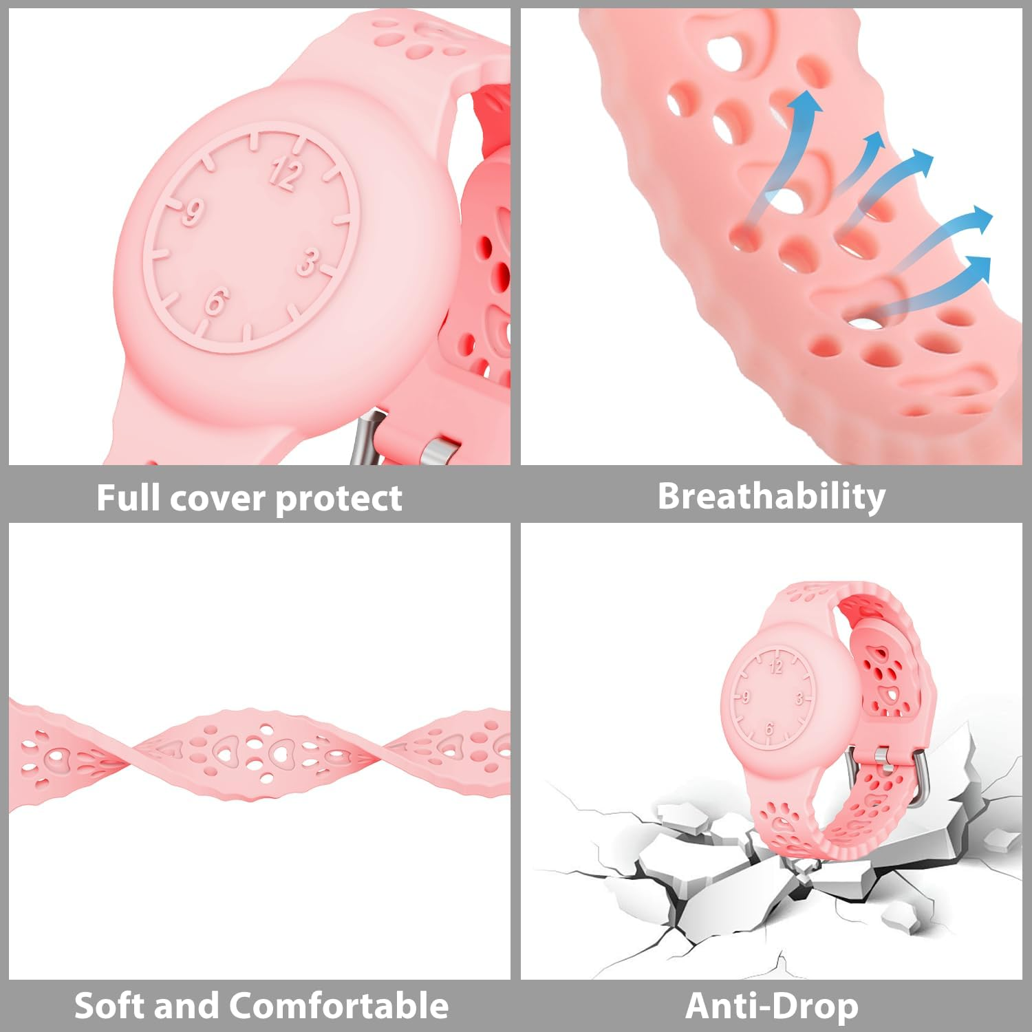 Vier Felder zeigen Merkmale einer rosa Silikon-Schutzhülle mit atmungsaktivem Armband und sturzsicherem Design.