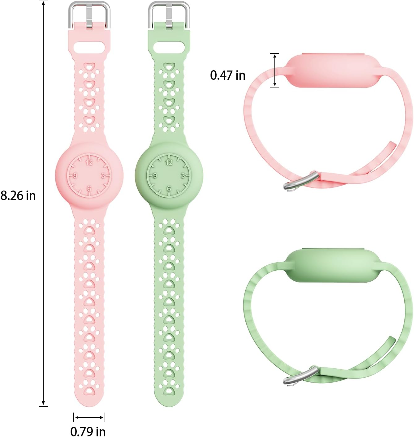 Rosa und grüne Silikonuhren mit Pfotenmuster-Armbändern und Maßangaben.
