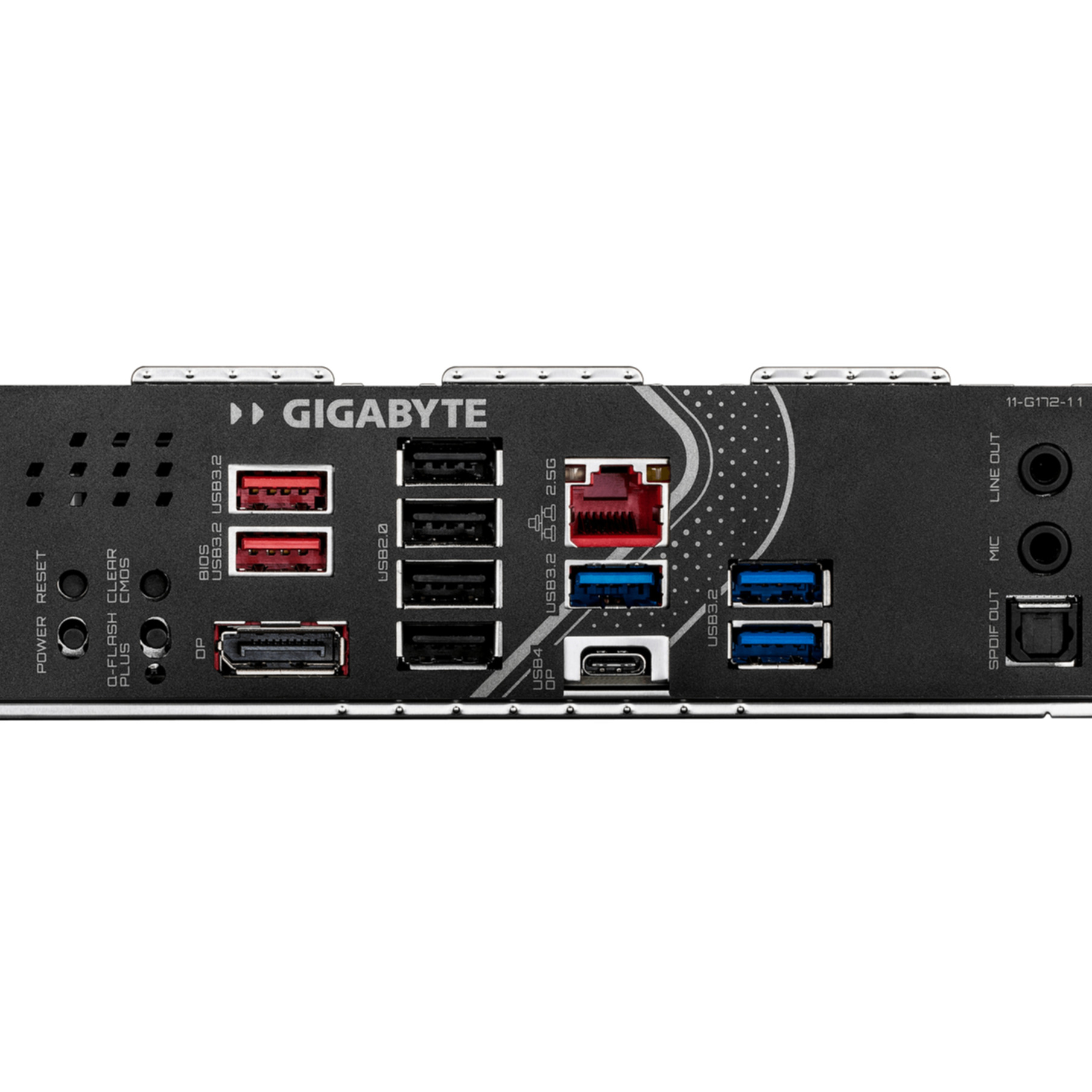 Pannello I/O posteriore di una scheda madre Gigabyte con varie porte USB, Ethernet e audio.