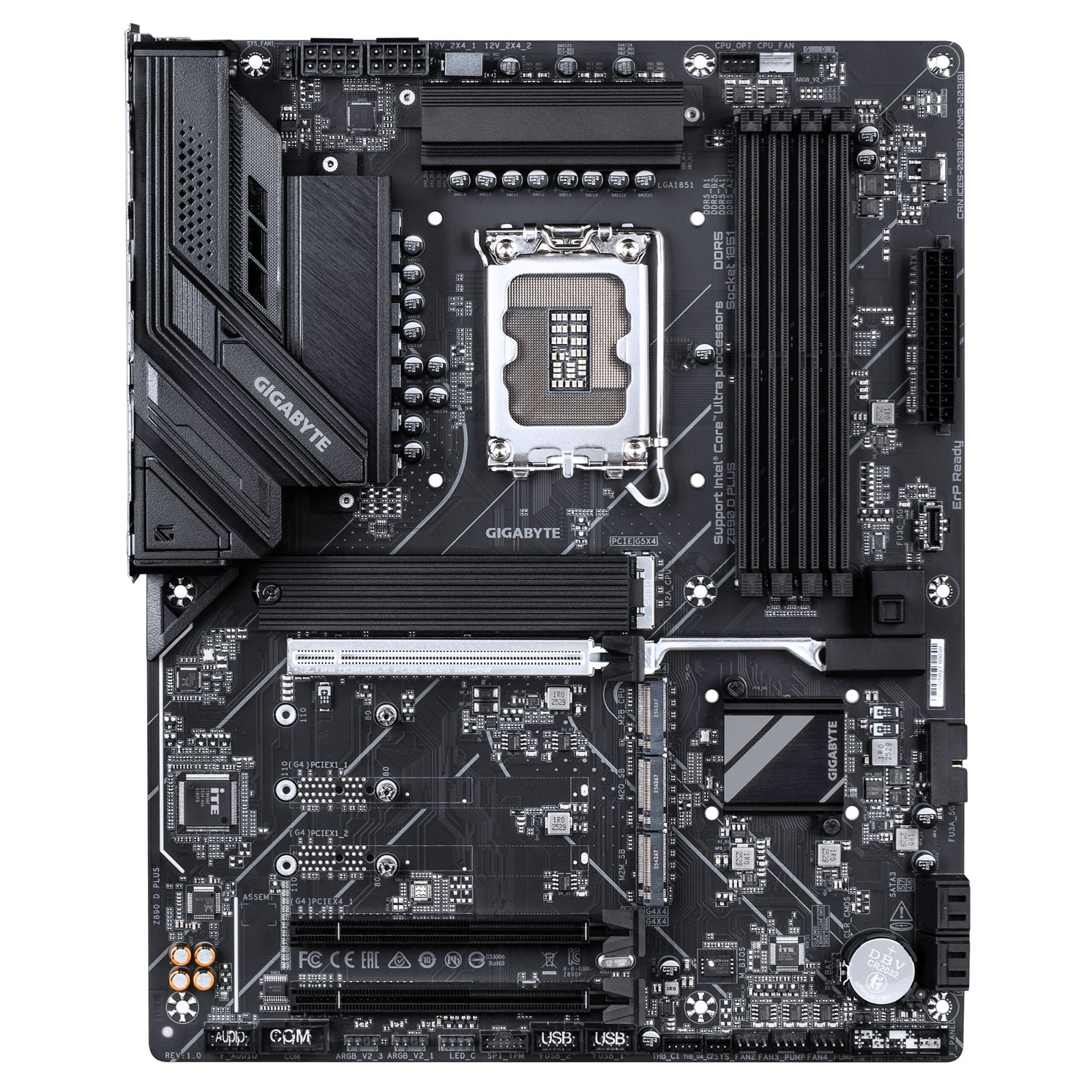 Una scheda madre Gigabyte Z890 nera con socket CPU centrale, slot RAM, slot PCIe e dissipatori di calore.