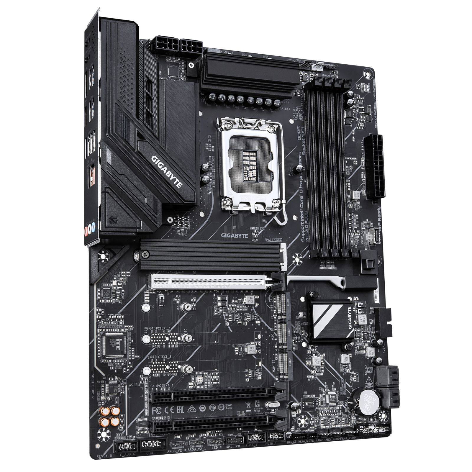 Una scheda madre Gigabyte Z890 nera con socket CPU, slot RAM, slot PCIe e dissipatori.