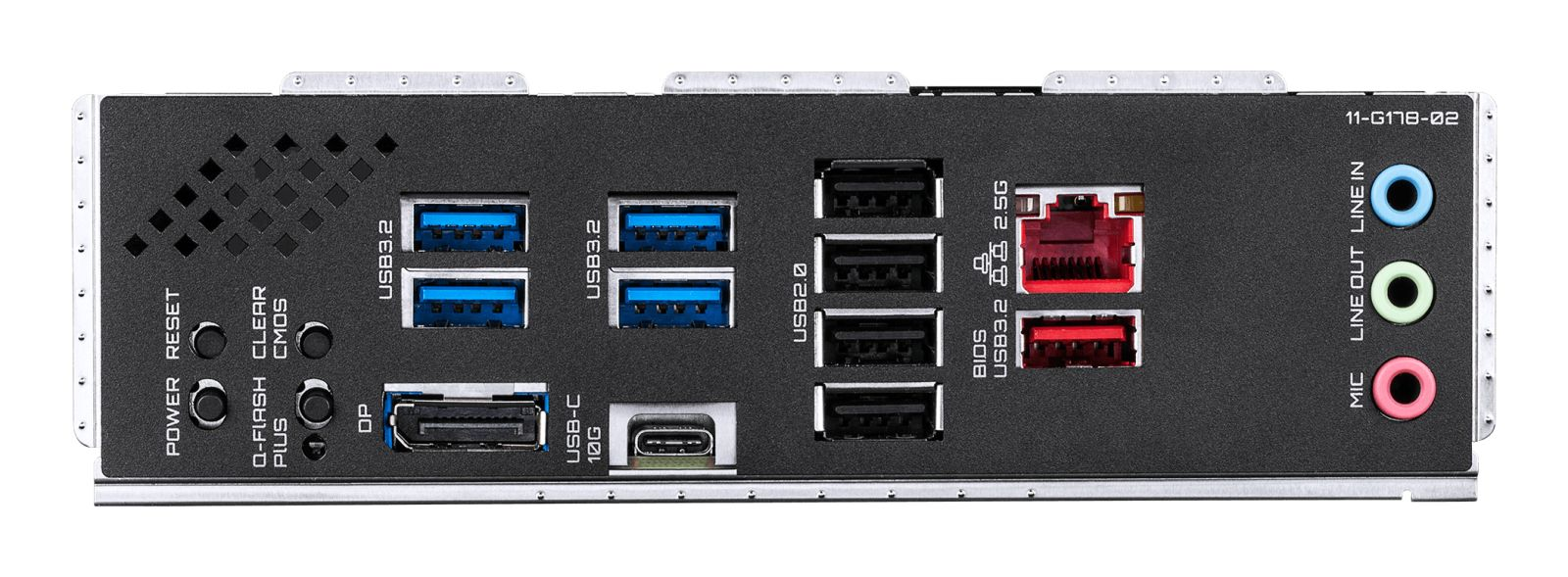 Pannello I/O della scheda madre con porte USB, DisplayPort, LAN, audio e pulsanti di accensione e reset.