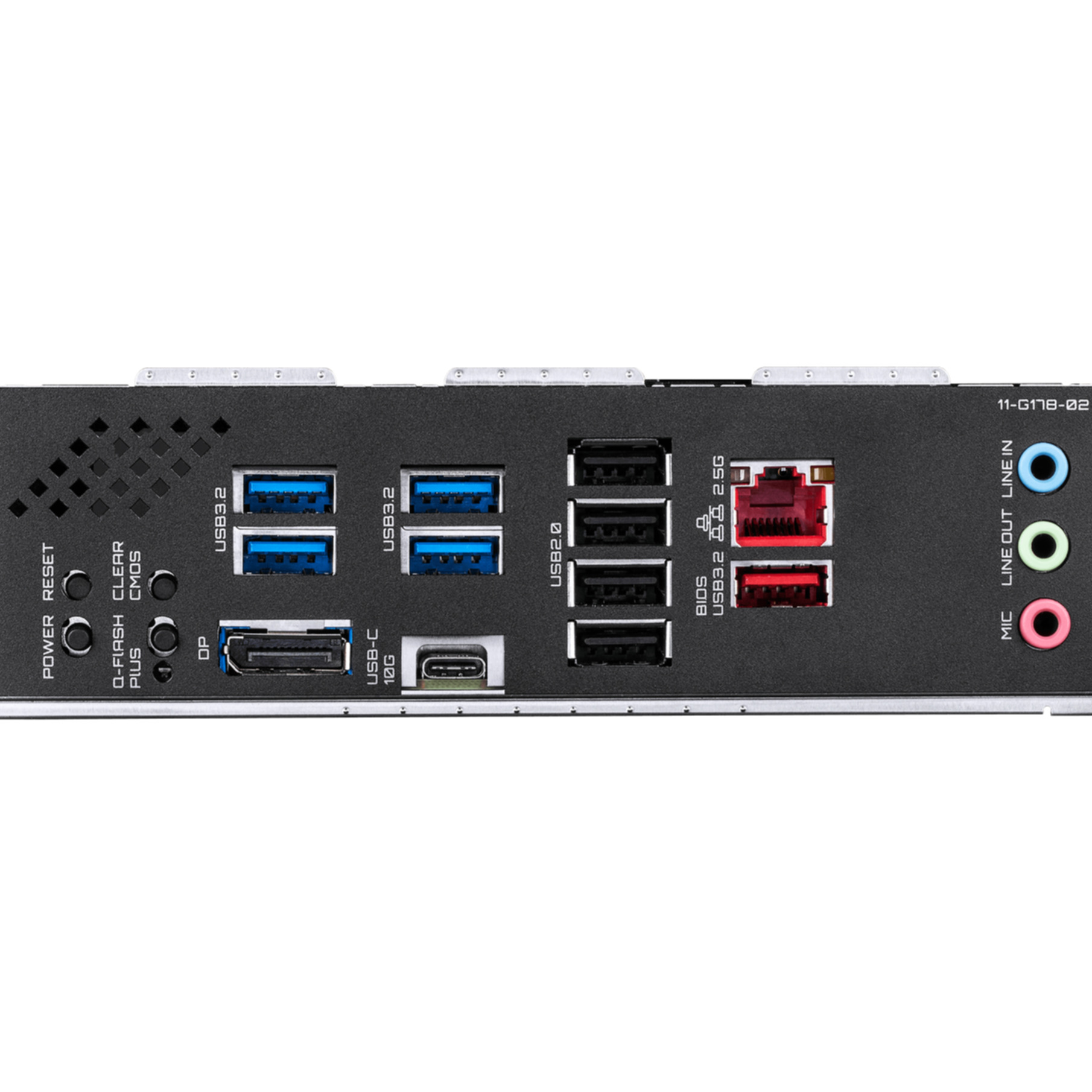 Pannello I/O posteriore di una scheda madre con porte USB, DisplayPort, Ethernet e audio.
