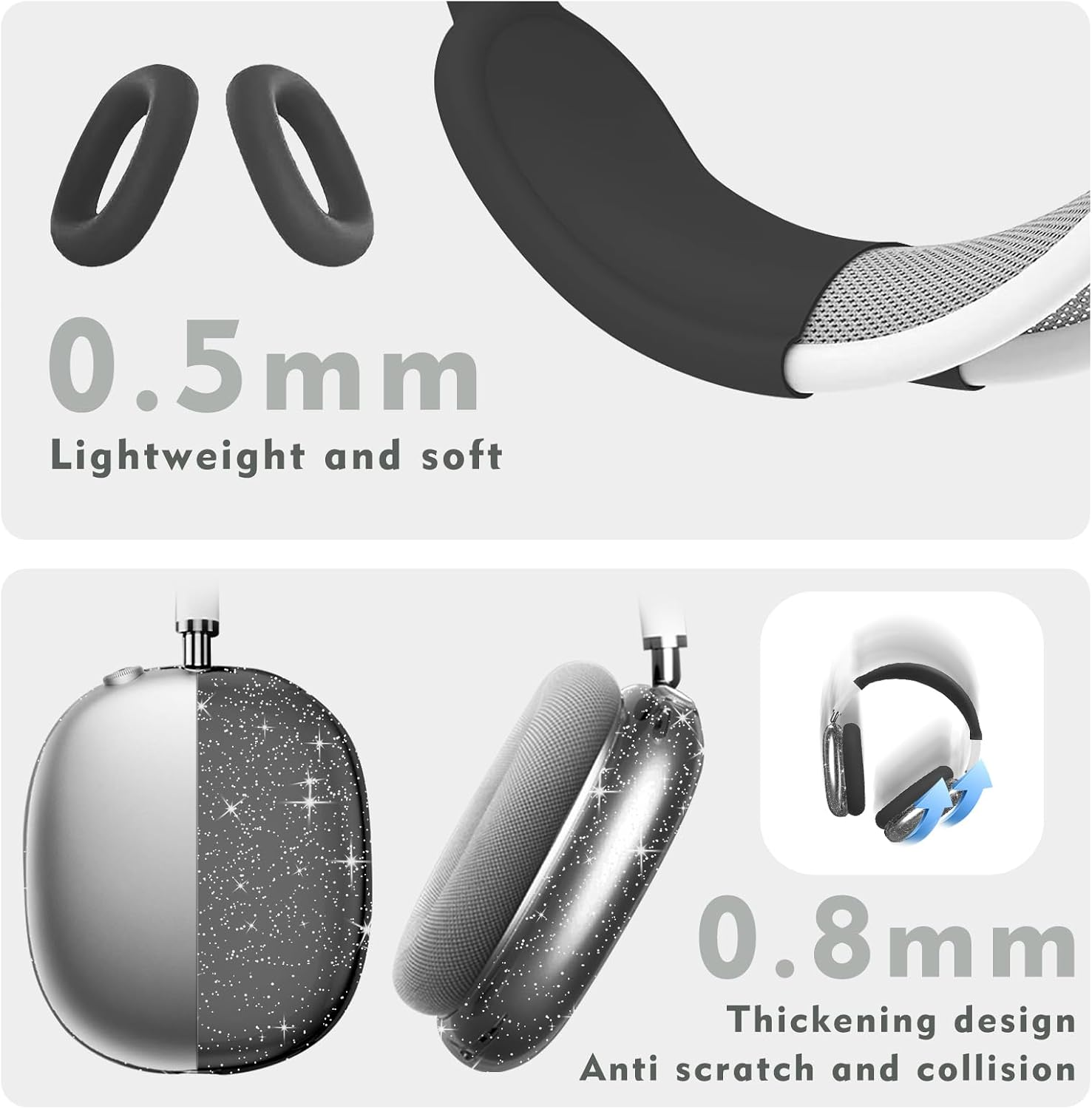 Produktwerbung für Kopfhörerhüllen, die 0,5 mm und 0,8 mm dick, kratzfest und leicht sind.