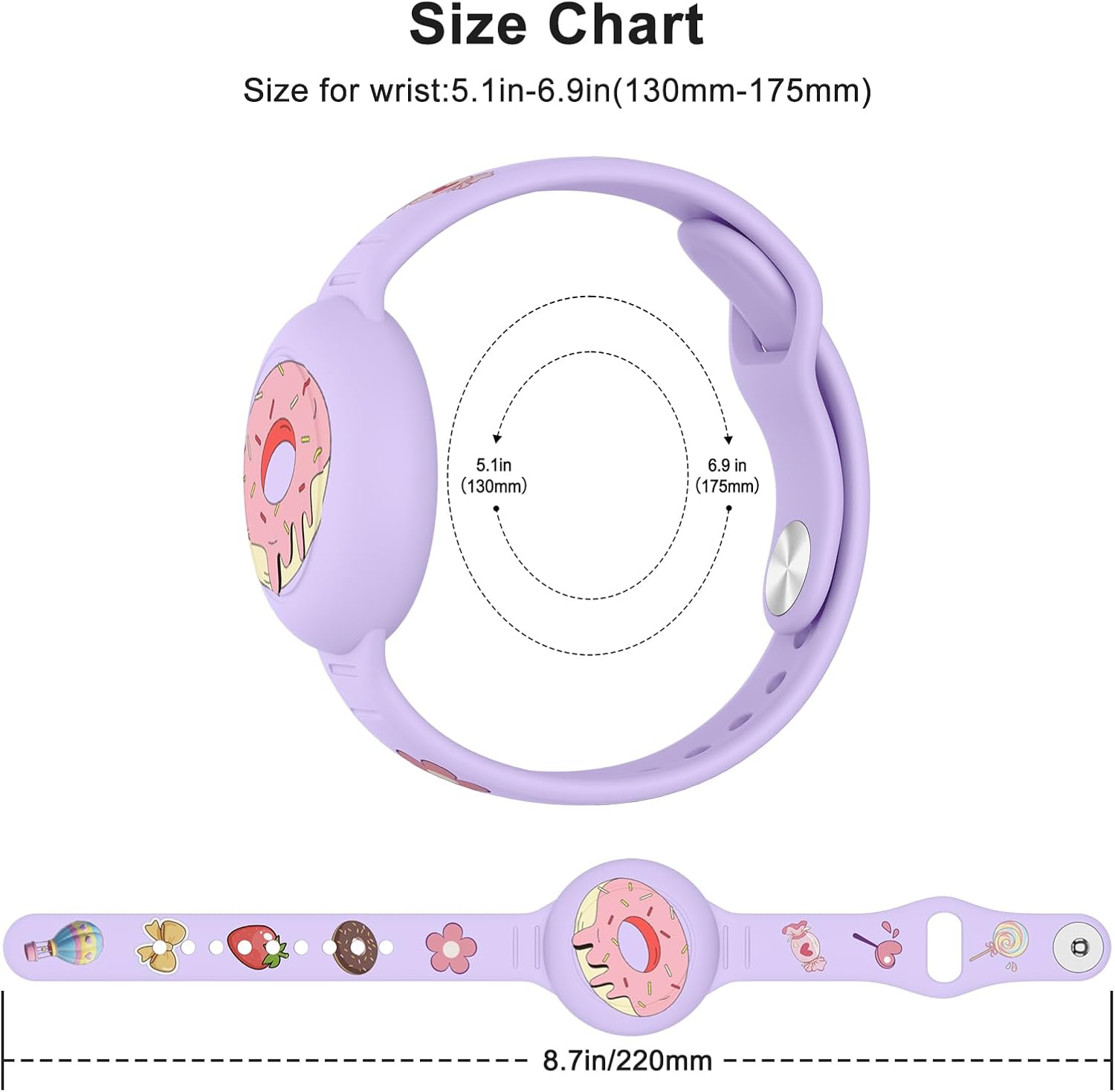 Größentabelle für ein lila Armband mit Donut-Motiv, passend für Handgelenke von 130-175 mm.