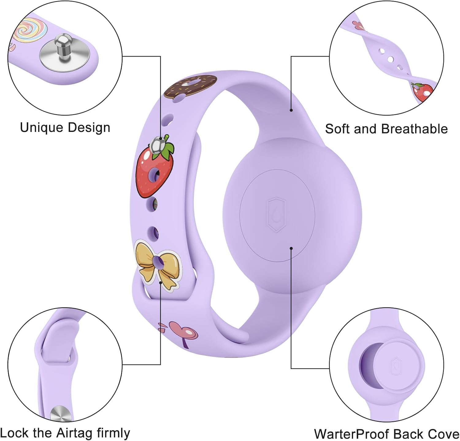 Lilafarbenes Silikon-AirTag-Armband mit verspielten Motiven und vier erklärenden Detailansichten.