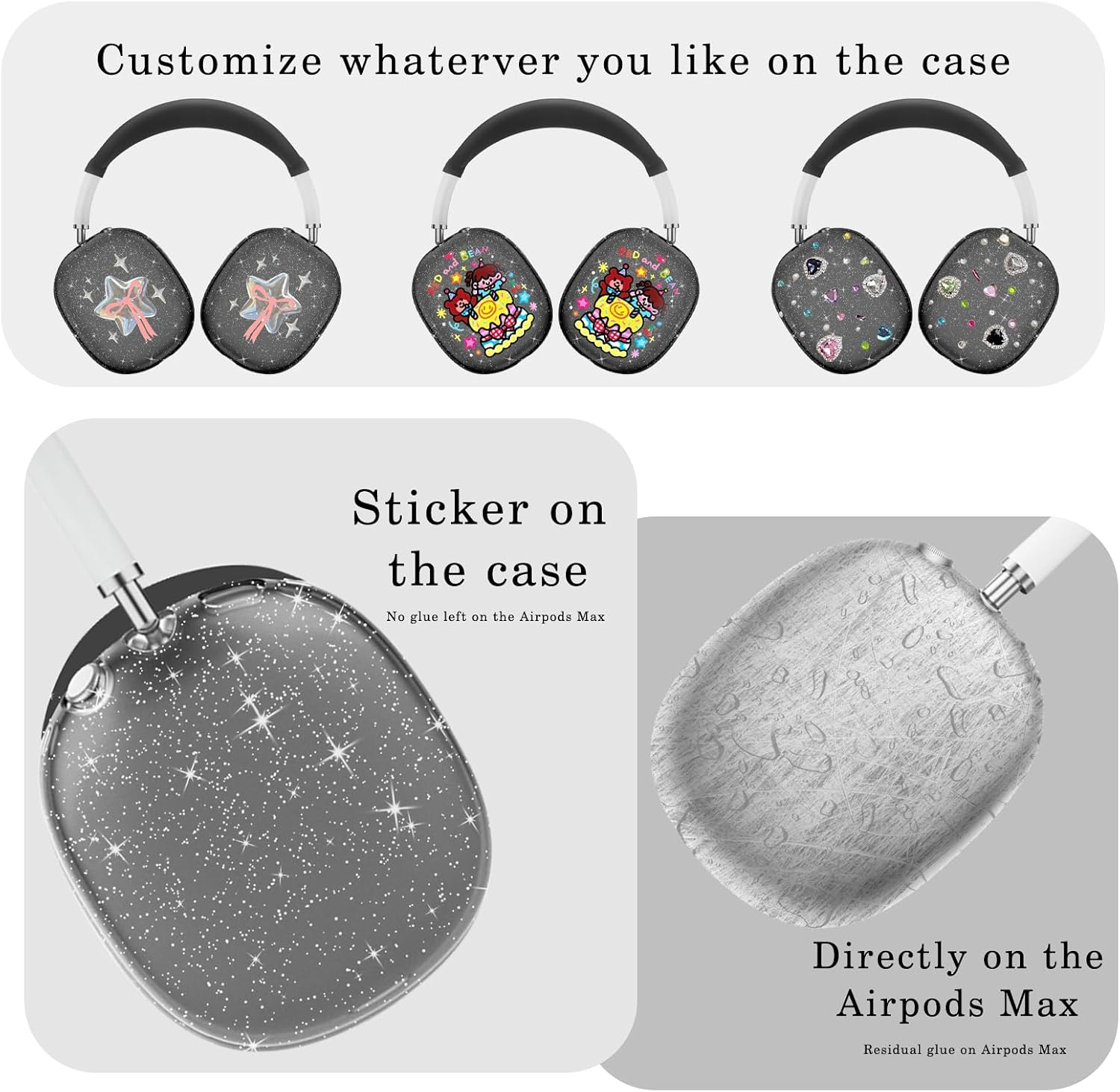 Drei Paar personalisierte AirPods Max-Kopfhörer mit Stickern, Steinen und Glitzer.