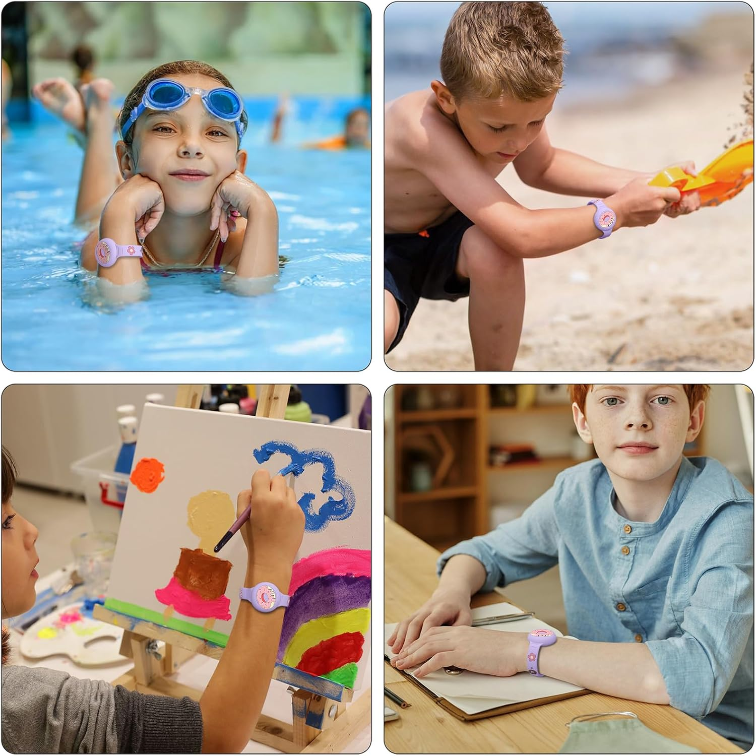 Ein Kind trägt ein Armband und genießt verschiedene Aktivitäten wie Schwimmen, Malen und Spielen am Strand.