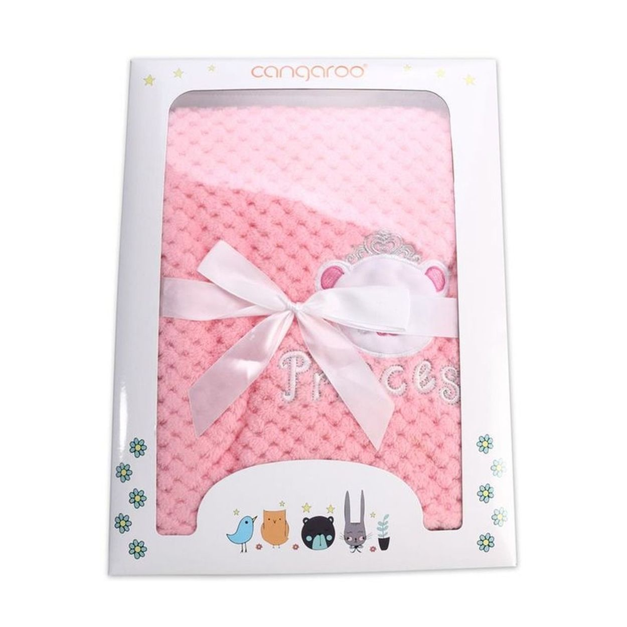 Rosa Babymuede mit weisser Schleife und Kroenemotiv in einer weissen Geschenkbox.