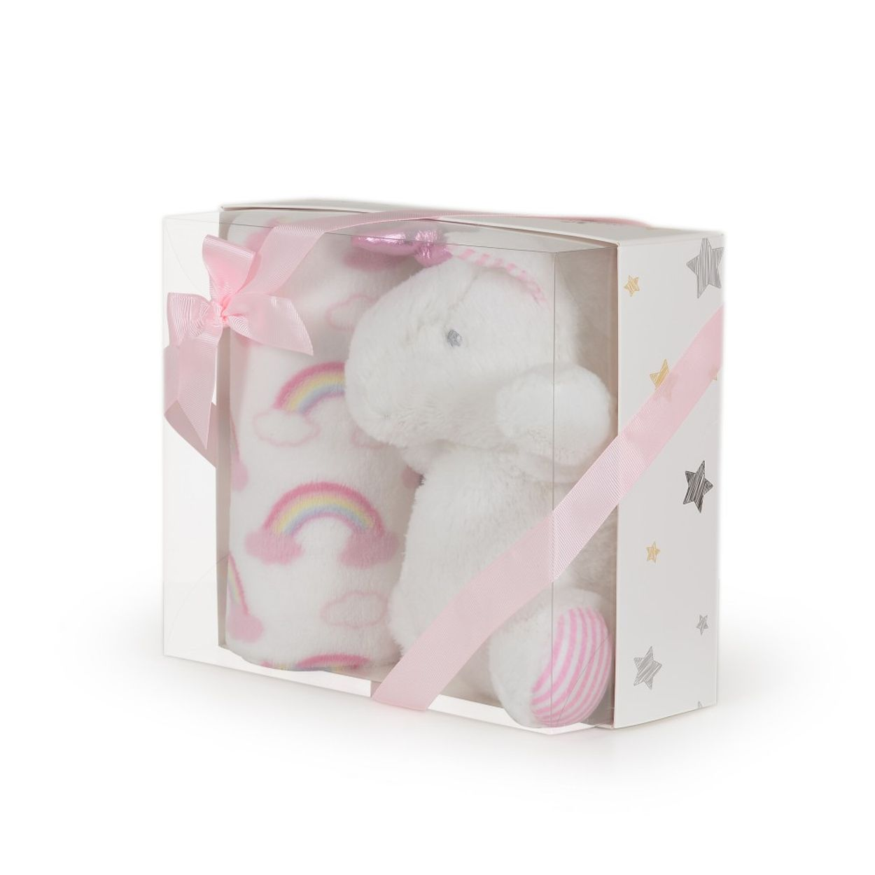 Geschenkset in klarer Box mit Plüscheinhorn und Regenbogen-Decke, verziert mit rosafarbenen Schleifen.