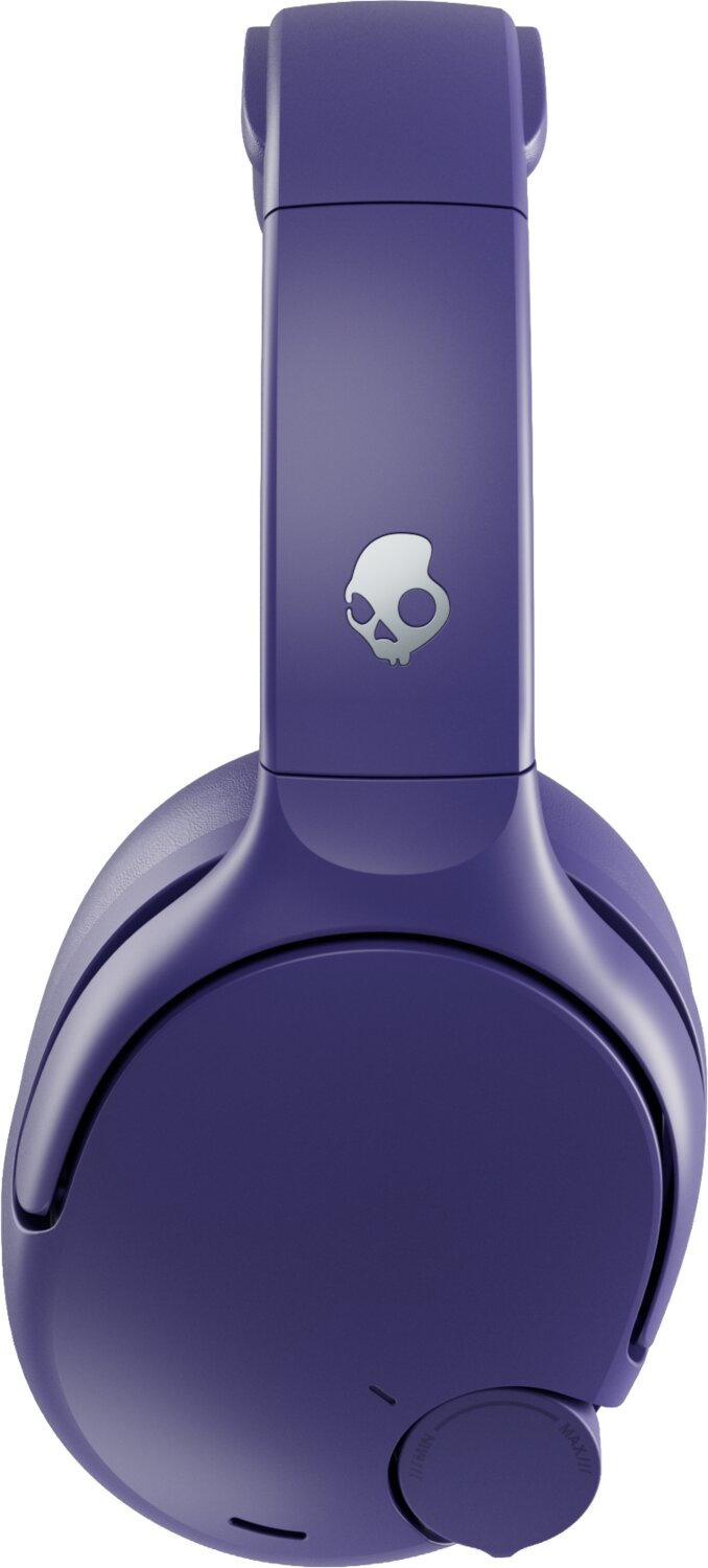 Lila On-Ear-Kopfhörer mit einem silbernen Totenkopfsymbol auf dem Bügel und einem Drehknopf.