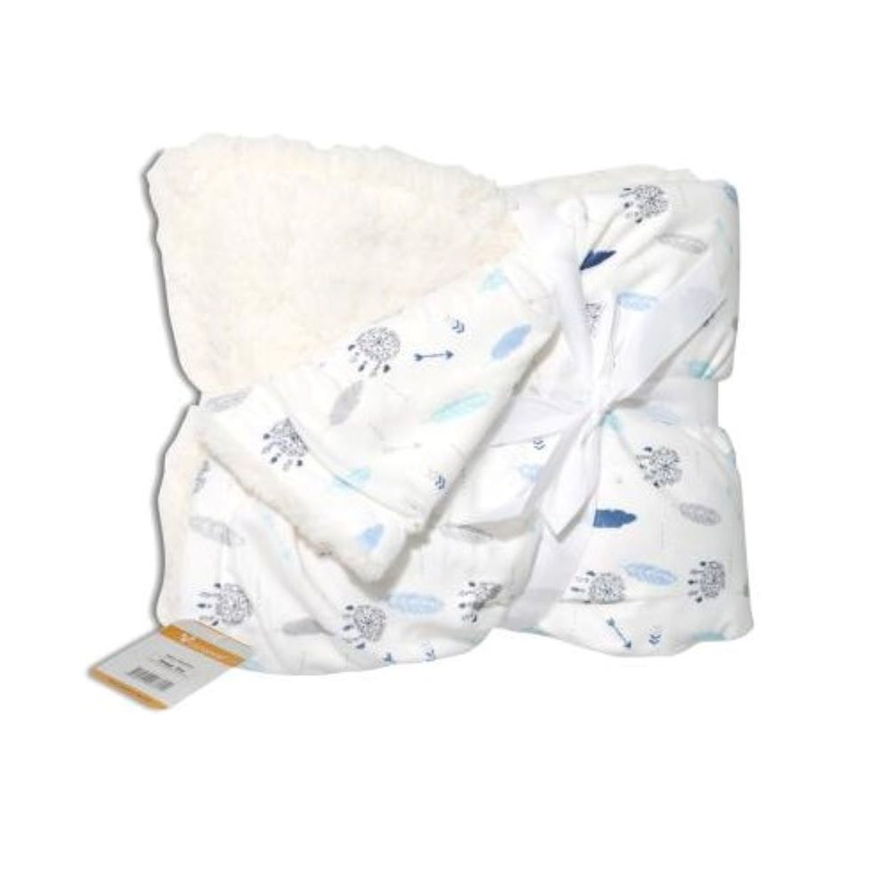 Eine gefaltete weiße Babydecke mit blauem Muster, Futter aus Sherpa-Stoff und einer weißen Schleife.