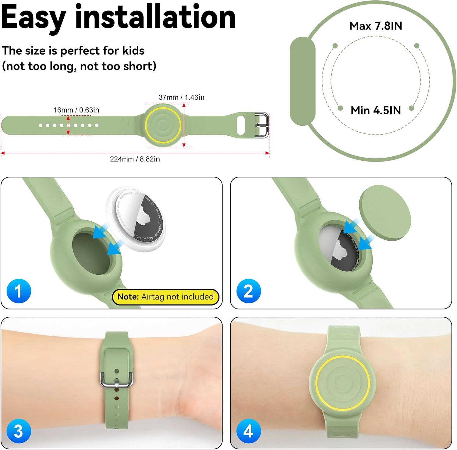 Anleitung zur einfachen Installation eines grünen Airtag-Armbands mit Größenangaben.