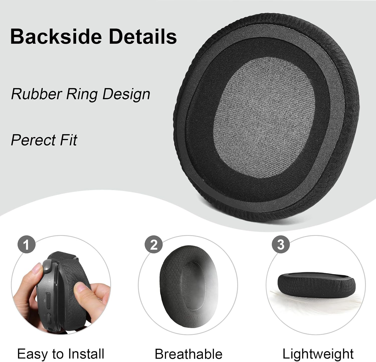 Produktdetails für schwarze Ohrpolster mit Rückseitendesign, einfacher Installation, atmungsaktivem Stoff und leichtem Gewicht.