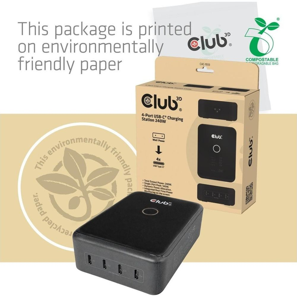 Ein Club 3D 4-Port USB-C Ladegerät mit Verpackung und Text über umweltfreundliches Papier.