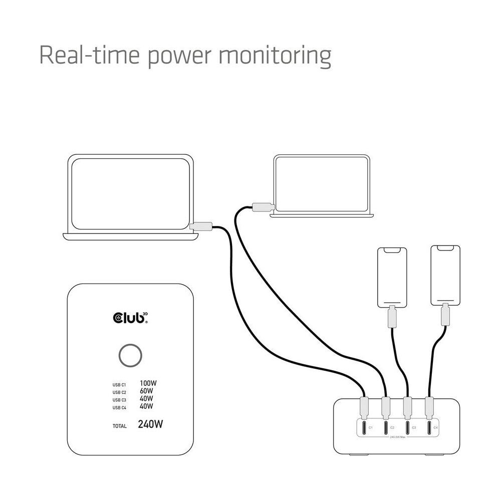 Diagramm zeigt eine Ladestation mit zwei Laptops und zwei Smartphones, verbunden über Kabel.