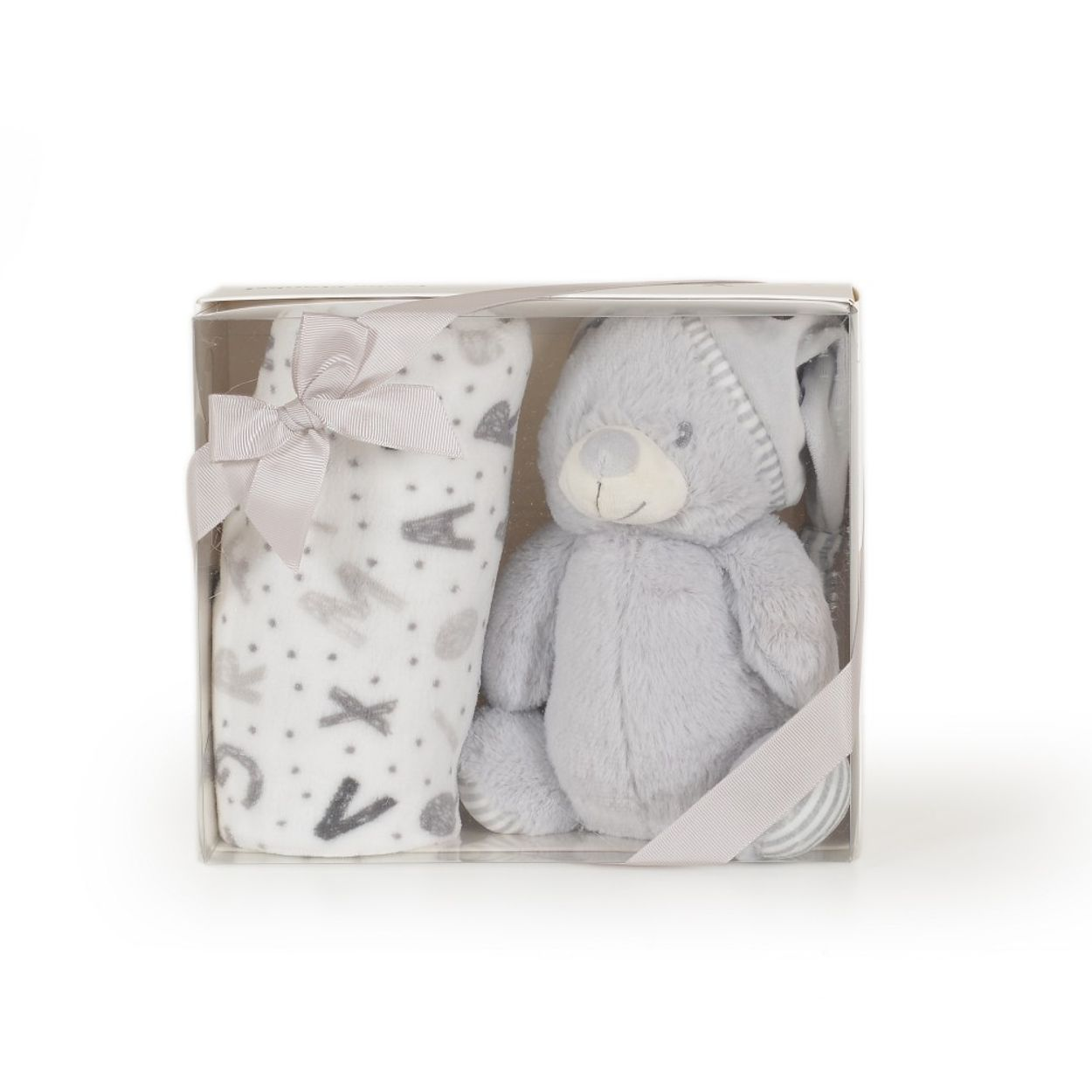 Ein Geschenkset in einer Box mit einer weiß-grau gemusterten Decke und einem flauschigen grauen Kuschelbären.