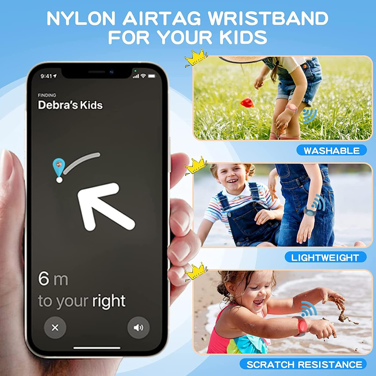 Smartphone zeigt GPS-App für Nylon-Airtag-Kinderarmbänder; daneben Bilder von Kindern im Freien.
