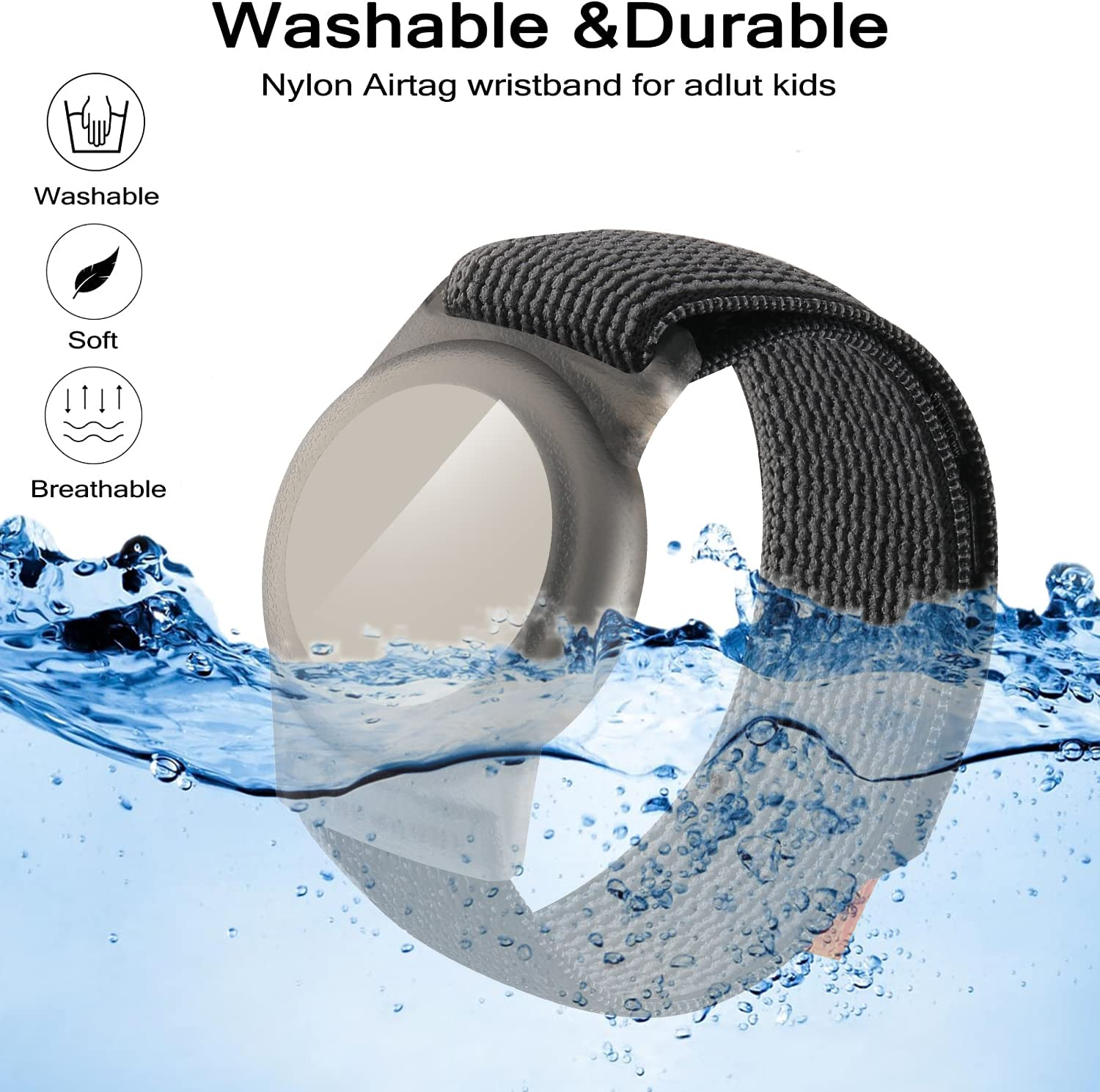Waschbares Nylon-Airtag-Armband im Wasser, mit Symbolen für waschbar, weich und atmungsaktiv.