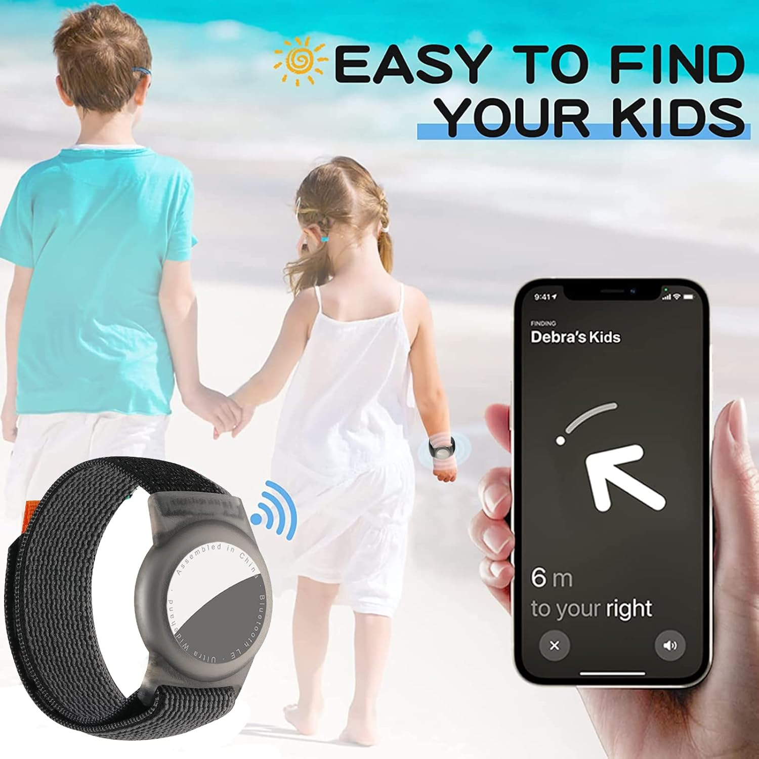 Ein Kindertracker-Armband, Kinder am Strand und eine Smartphone-App, die den Standort anzeigt.