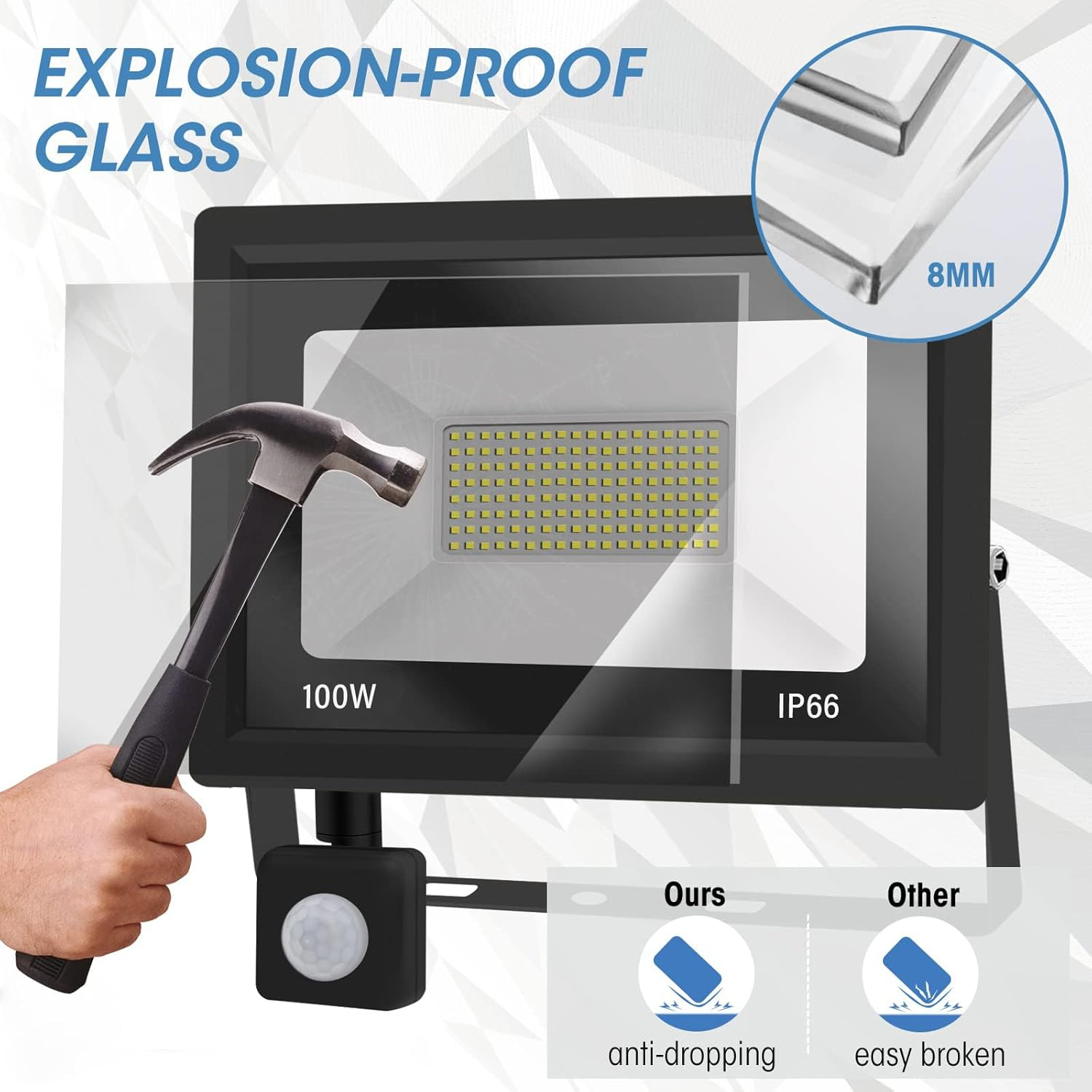Ein Werbebild zeigt einen Hammer, der auf ein explosionssicheres 8mm LED-Strahlerglas schlägt.