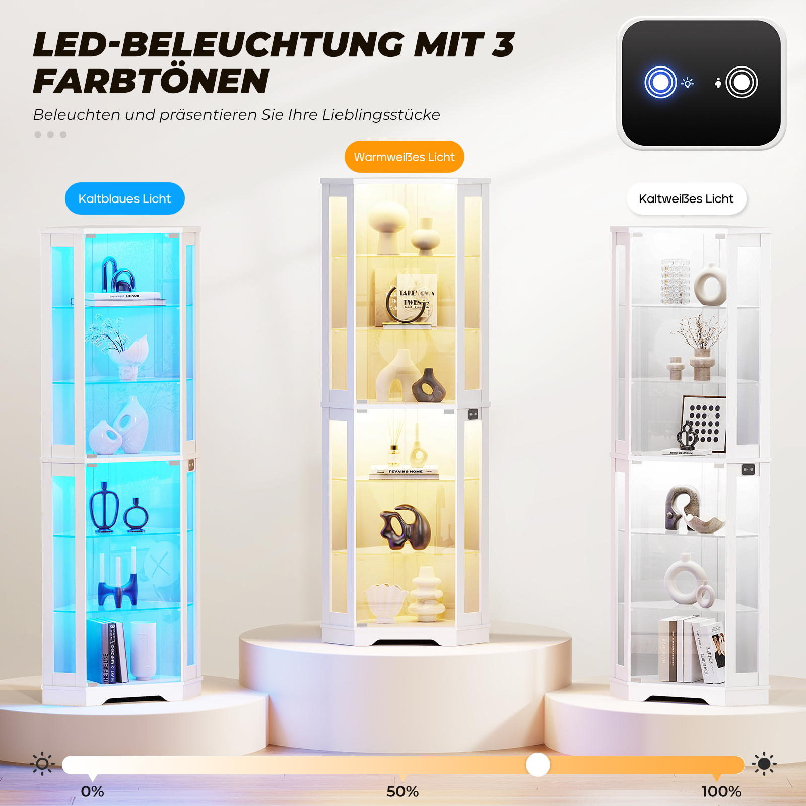 Drei weiße Vitrinen mit LED-Beleuchtung in Kaltblau, Warmweiß und Kaltweiß.