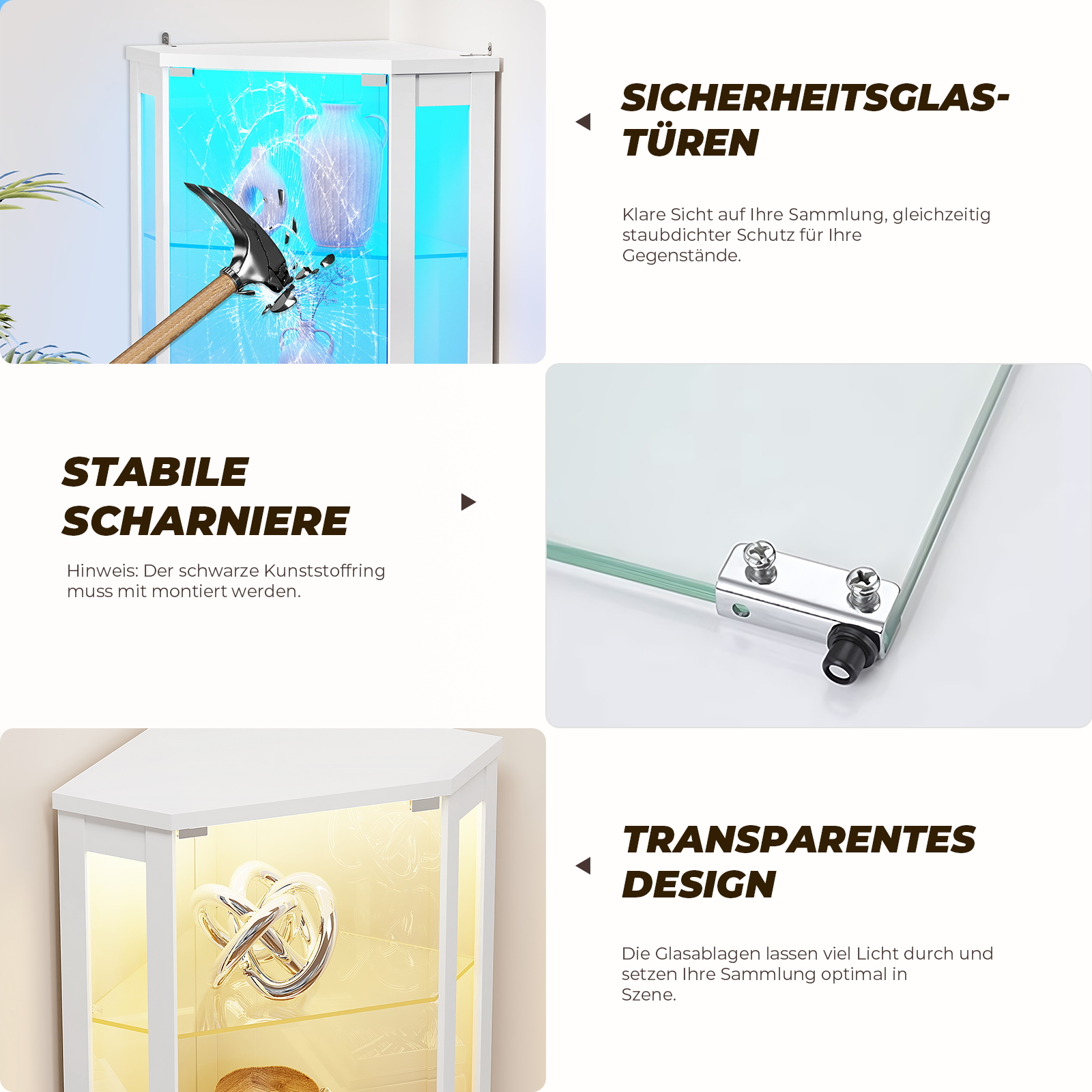 Werbebild für eine weiße Eckvitrine mit Sicherheitsglas, stabilen Scharnieren, LED-Beleuchtung und transparentem Design.