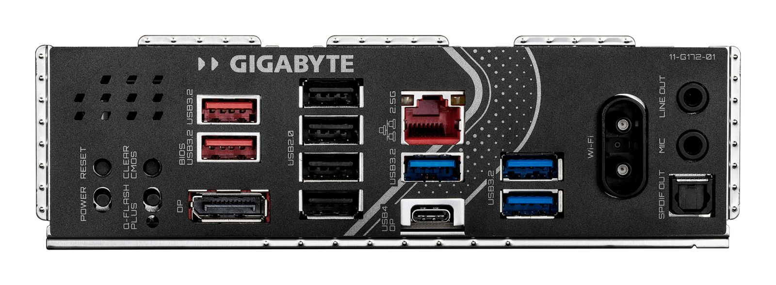 Rückseite eines Gigabyte-Motherboards mit USB-, Netzwerk- und Audioanschlüssen.
