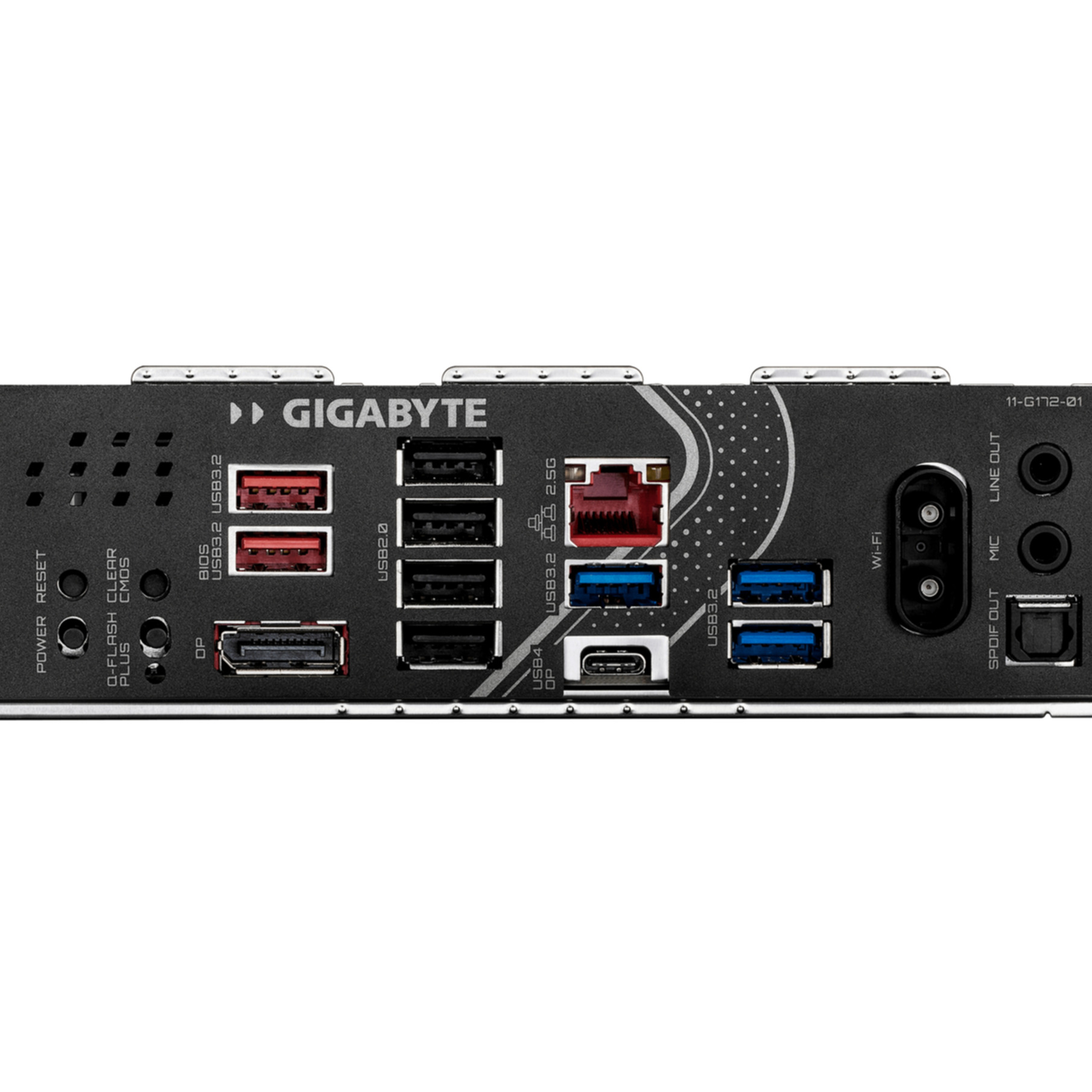 Gigabyte-Motherboard-Rückseite mit USB-, DisplayPort-, Ethernet-, WLAN- und Audioanschlüssen.