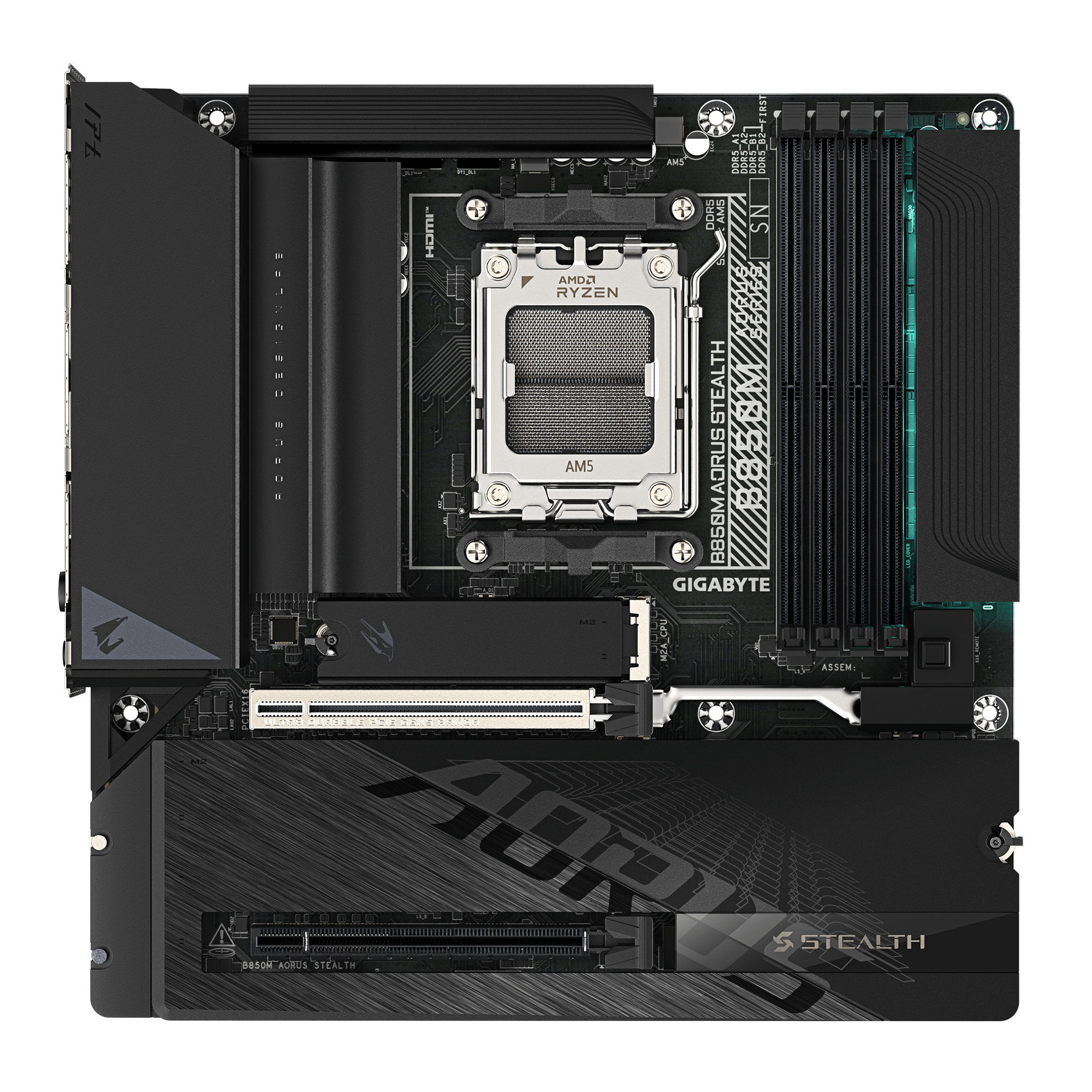 Schwarzes Gigabyte B650M Aorus Stealth Motherboard mit AM5 Sockel und RAM-Steckplätzen.