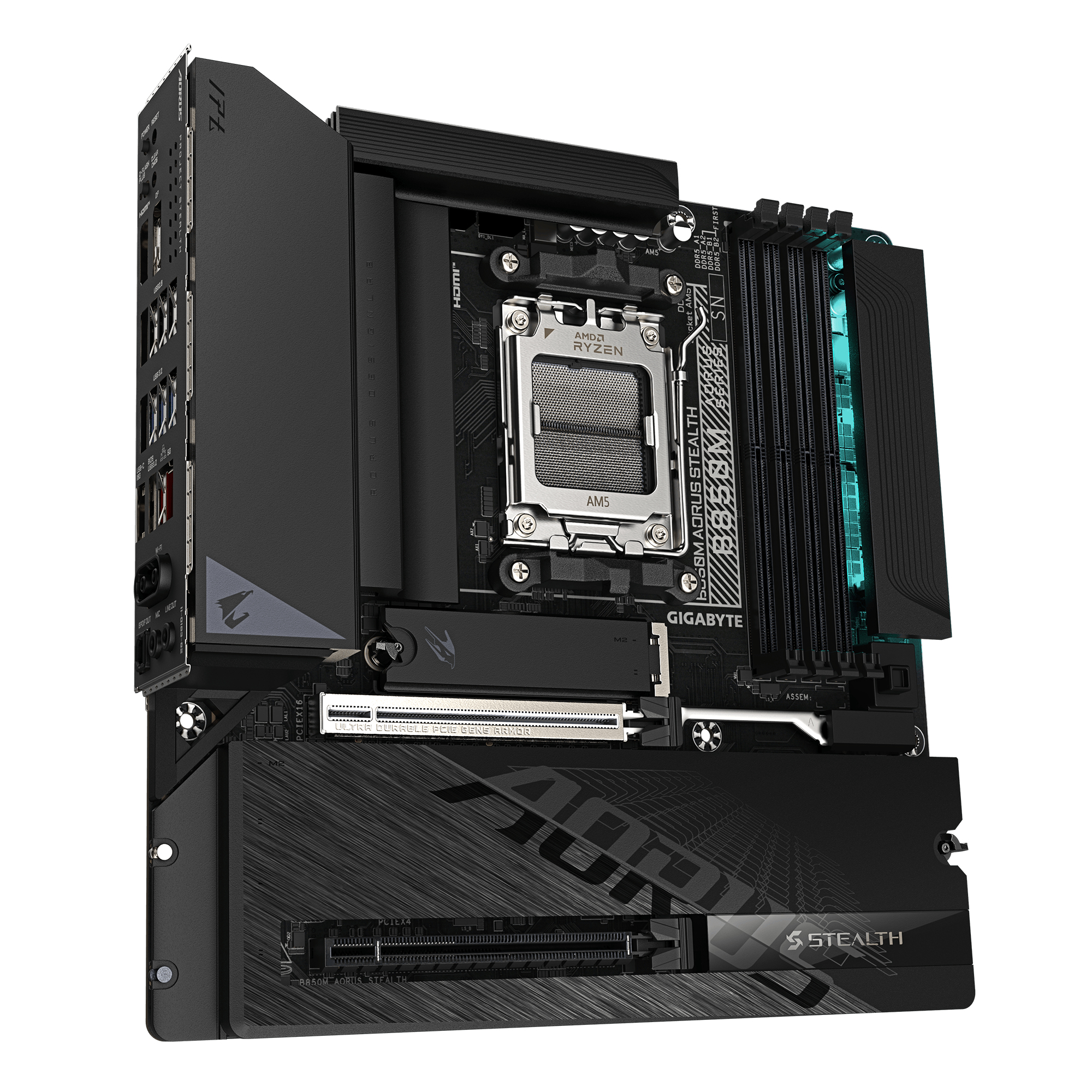 Schwarzes Gigabyte Aorus Mainboard mit AMD AM5 Sockel und I/O-Blende auf weißem Hintergrund.