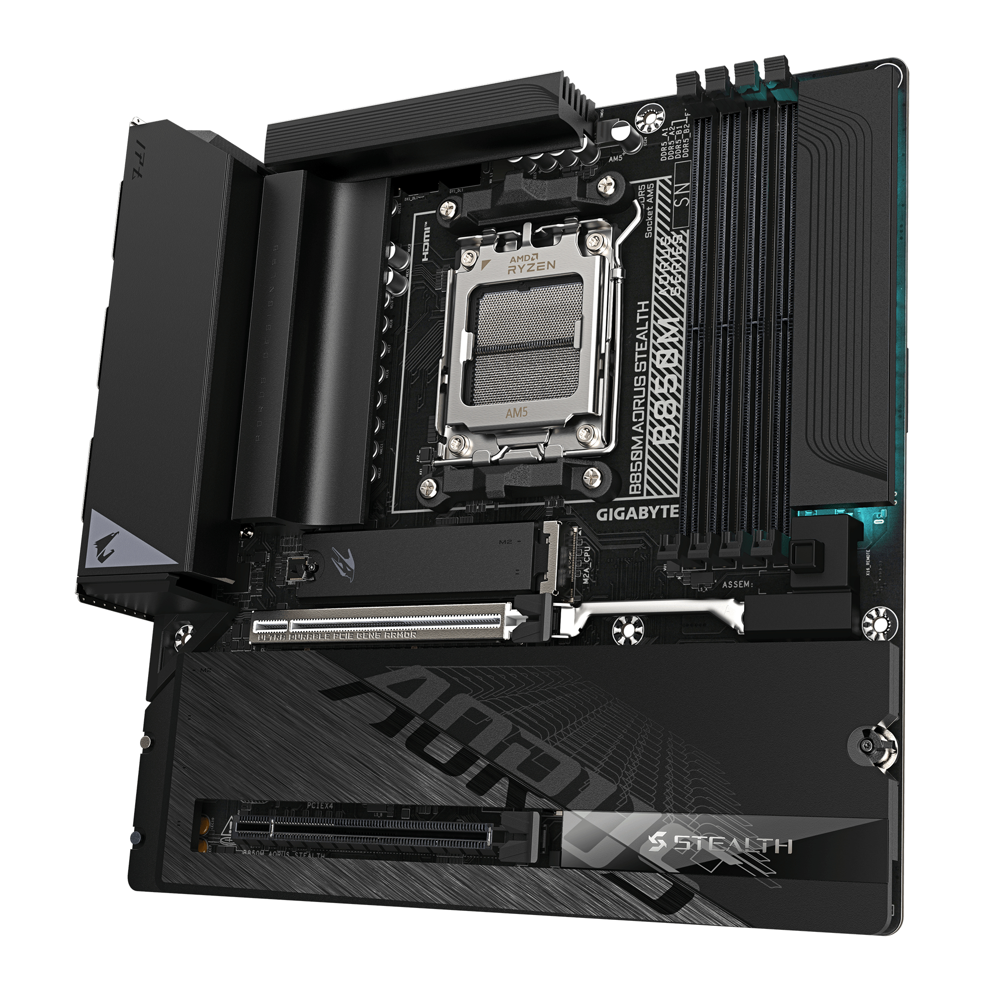 Ein schwarzes Computer-Mainboard mit AMD Ryzen AM5 CPU-Sockel, Kühlkörpern und Erweiterungssteckplätzen.