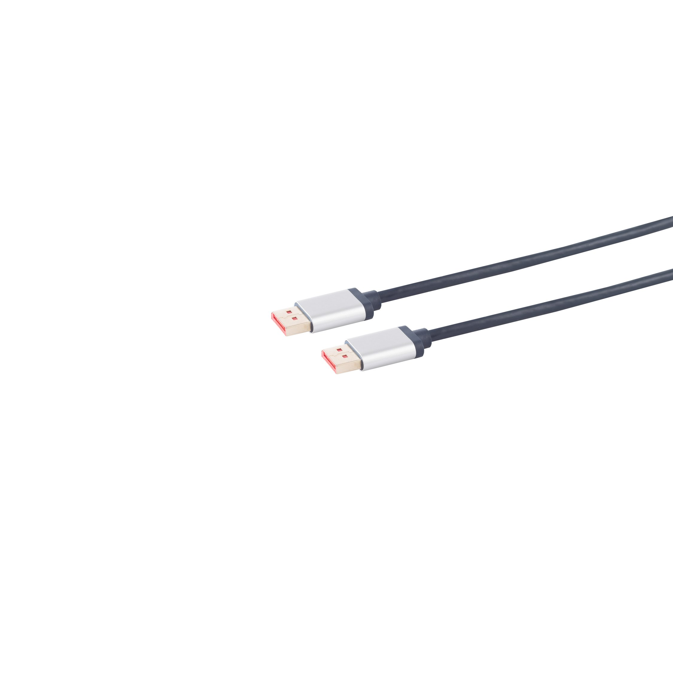 Zwei schwarze DisplayPort-Kabel mit silbernen Steckern und goldenen Kontakten vor weißem Hintergrund.
