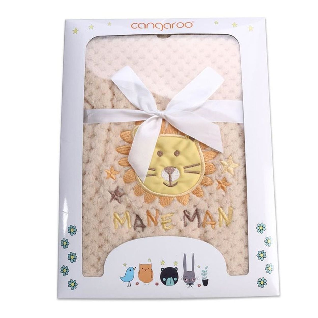 Beigefarbene Cangaroo Babyschondecke mit Löwenmotiv und weißer Schleife in Geschenkverpackung.