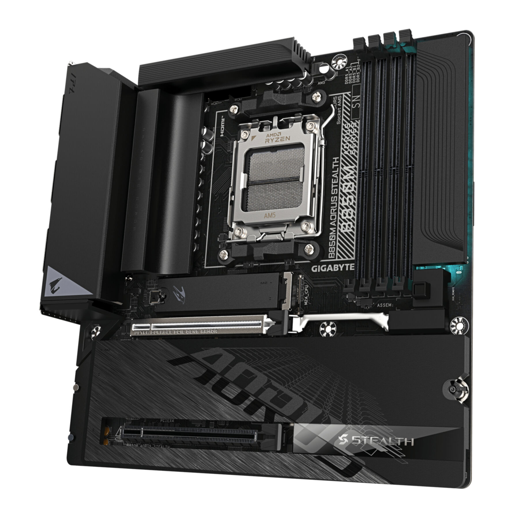 Schwarzes Gigabyte B650M Aorus Stealth Motherboard mit AM5-Sockel.