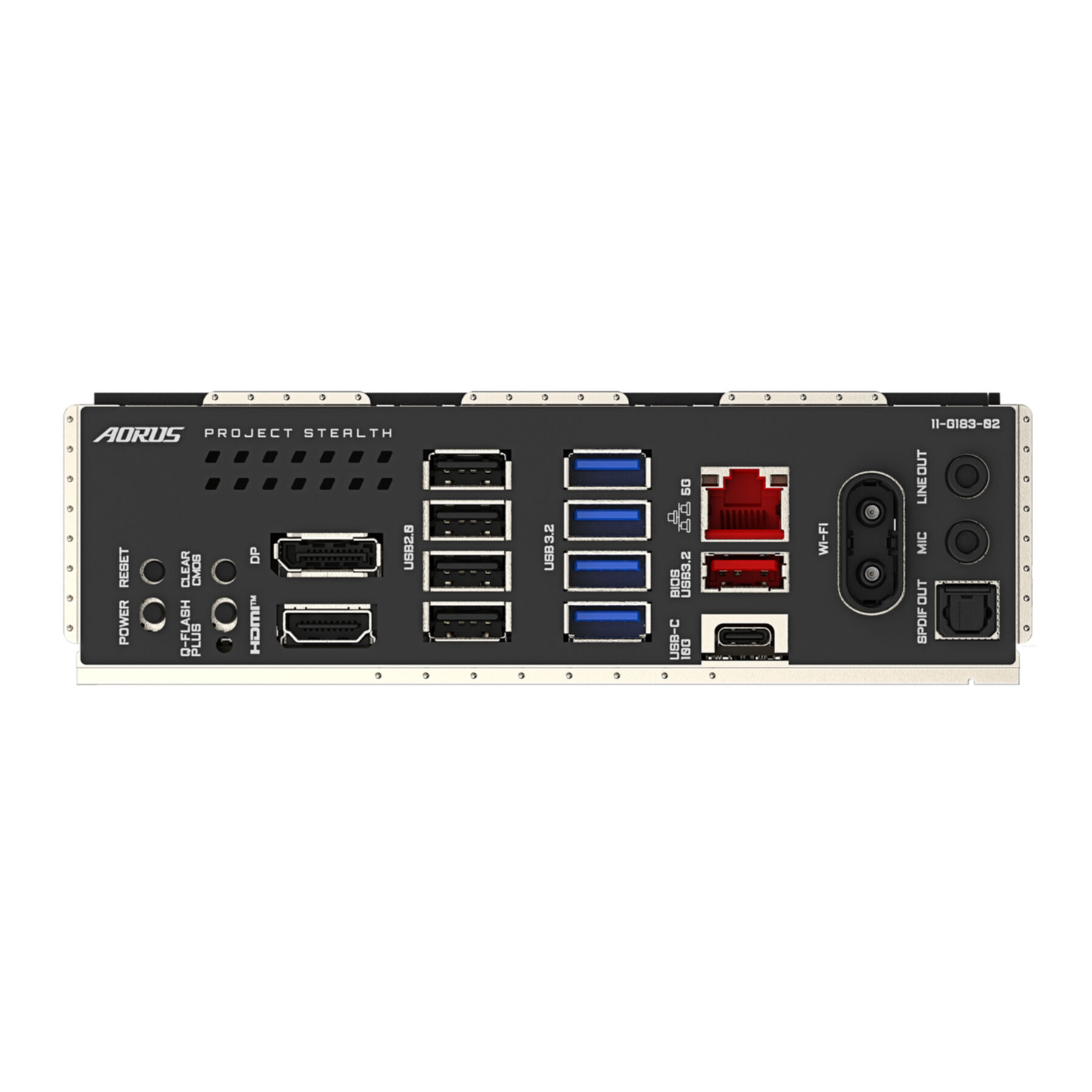 Rückseite eines Aorus Project Stealth Mainboards mit verschiedenen Anschlüssen wie USB, HDMI und Ethernet.