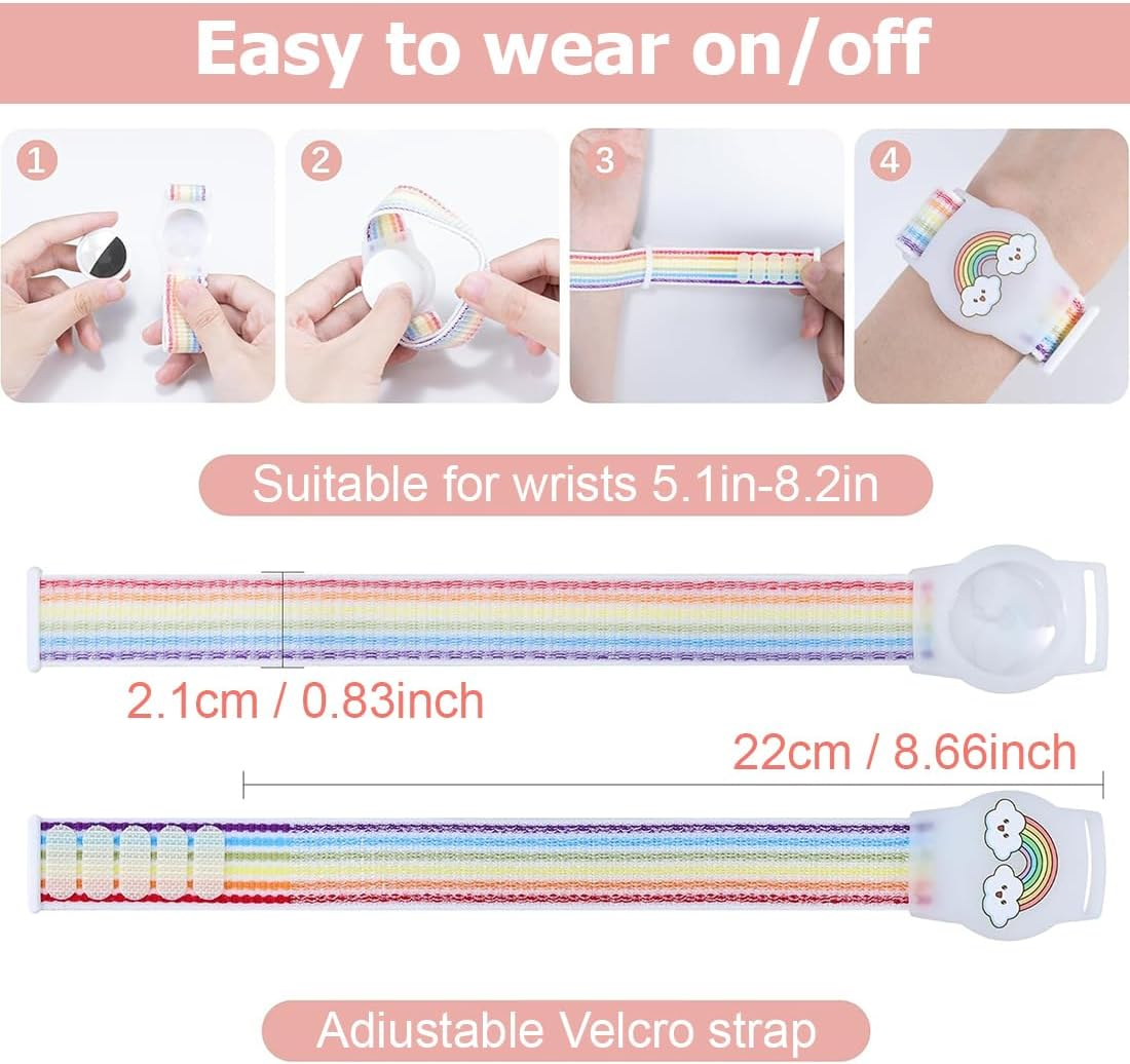 Anleitung zum Anlegen des bunten Regenbogen-Armbands mit Klettverschluss für Handgelenke.