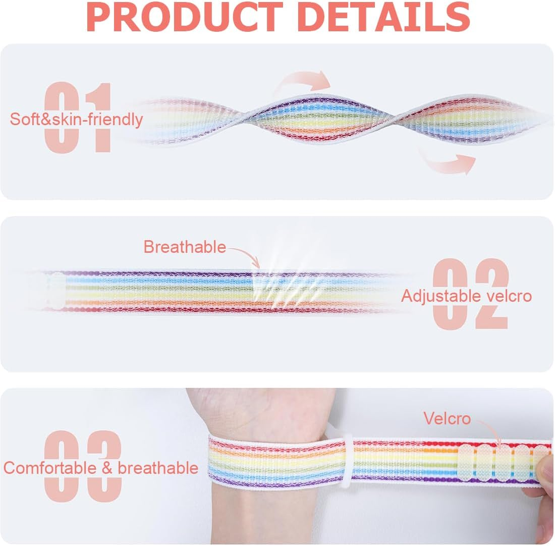 Produktmerkmale des weichen, atmungsaktiven und verstellbaren Klett-Uhrenarmbands mit bunten Streifen.