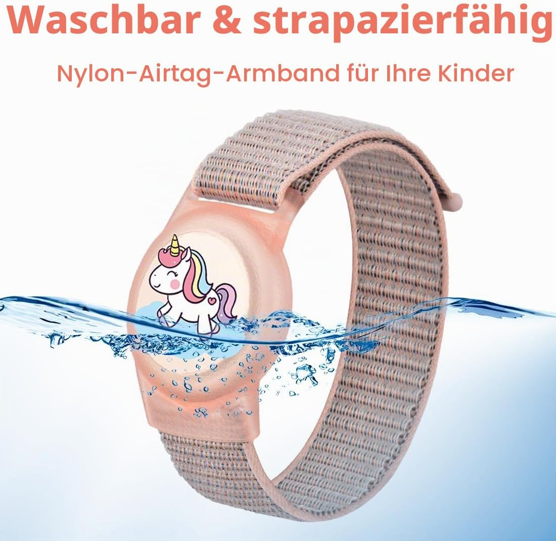 Rosa Nylon-Armband für Airtag mit Einhorn-Design, teilweise unter Wasser, mit Text oben.