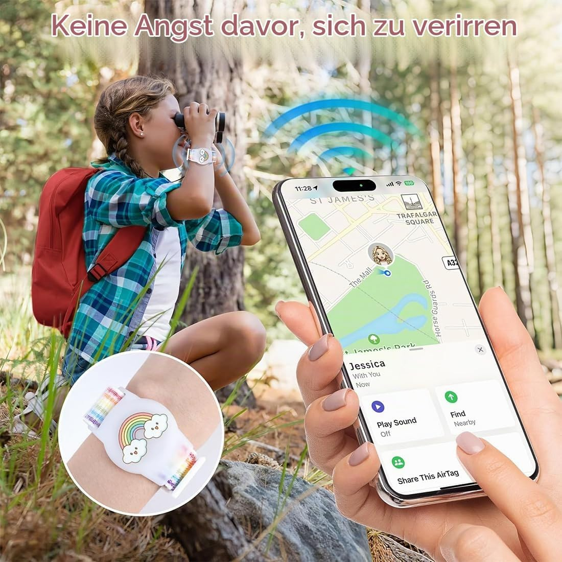 Ein Kind mit Rucksack blickt durch ein Fernglas, während eine Hand ein Smartphone mit einer Tracking-App hält.